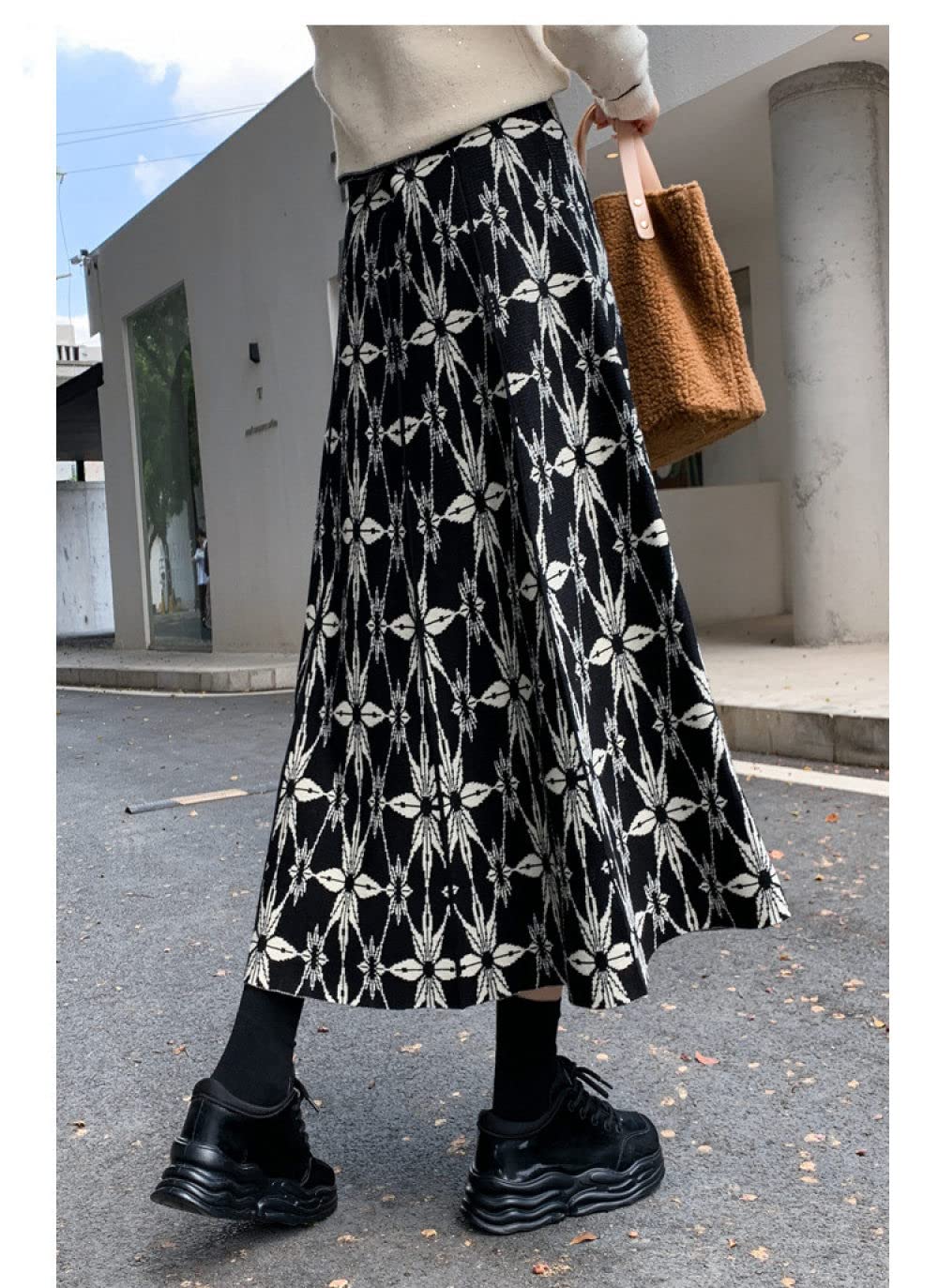 Faldas De Invierno para Mujer, Falda De Talle Alto De Punto Elástico De Flores Vintage Falda De Invierno De Café Acampanada Elegante Faldas Plisadas Midi para M(Black)