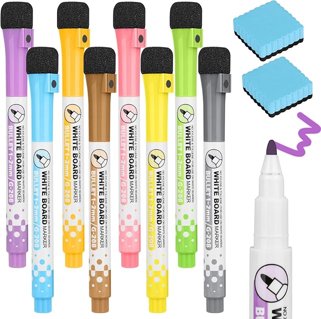 GOTRUST Dry Erase Markers Magnetic, Whiteboard Markers, 8 Color Markers Glass Pens, Washable Markers Liquid Chalk Pens Fine Tip Chalk Pens with 2 Eraser for Chalkboard Window Flipcharts Memo Boards
