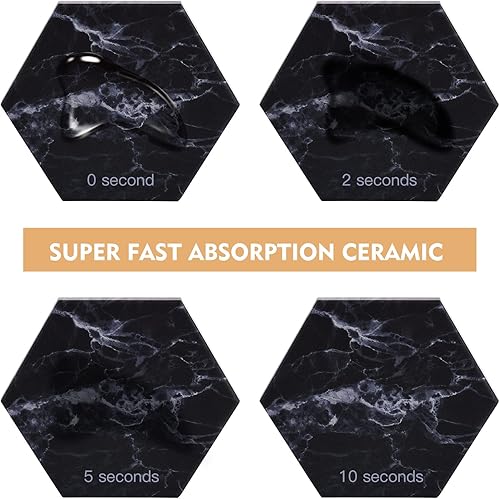 Miniatura 4 de Posavasos negros, posavasos de mármol para bebidas con soporte dorado, posavasos absorbentes con base de corcho para bar, cocina, hogar y decoración