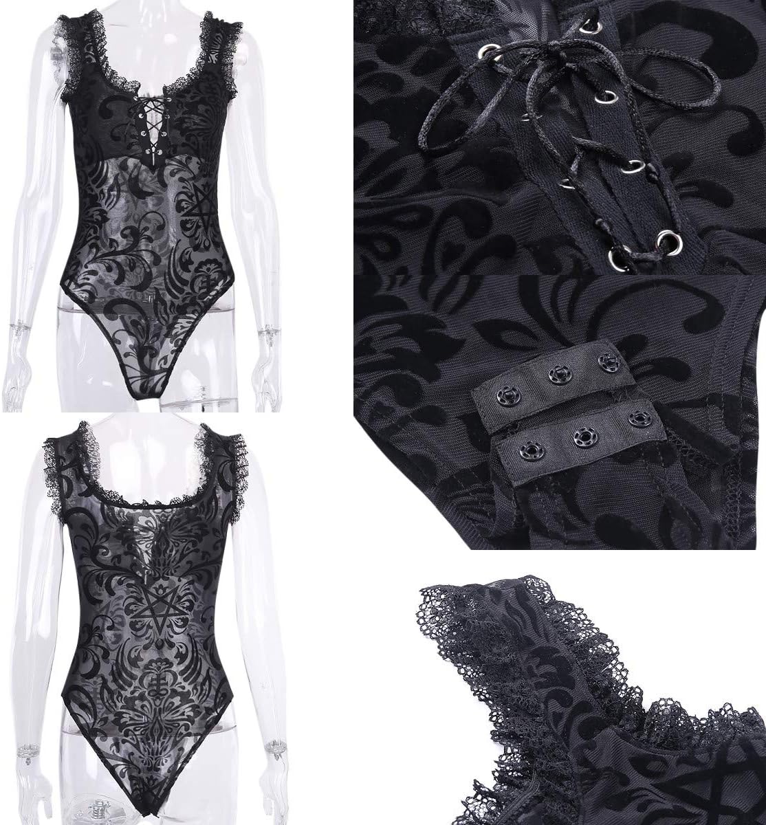 ANKOMINA Women Sexy Gothic Lace Trim Bodysuit Mesh See Through Sleeveless Lingerie for Party Club Festival Halloween