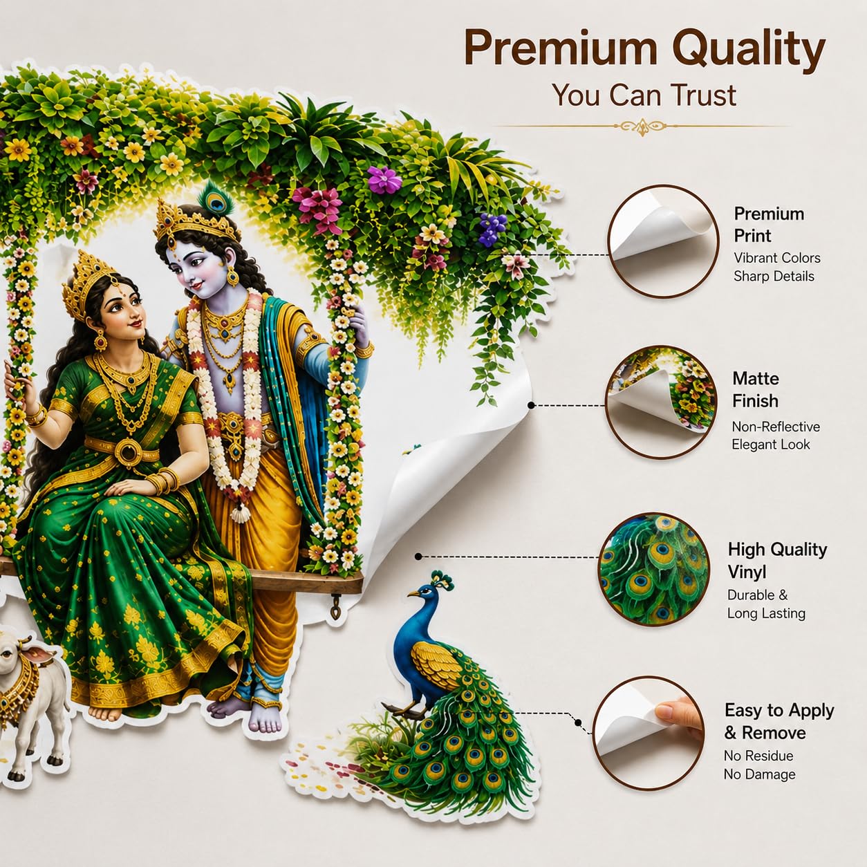 SatnamEncase Radha Krishna Jhula Wall Sticker 90x80 cm I Lord Krishna Radha Swing PVC Vinyl Wall Decal I Waterproof Self Adhesive Pooja Room Living Room Decor 2