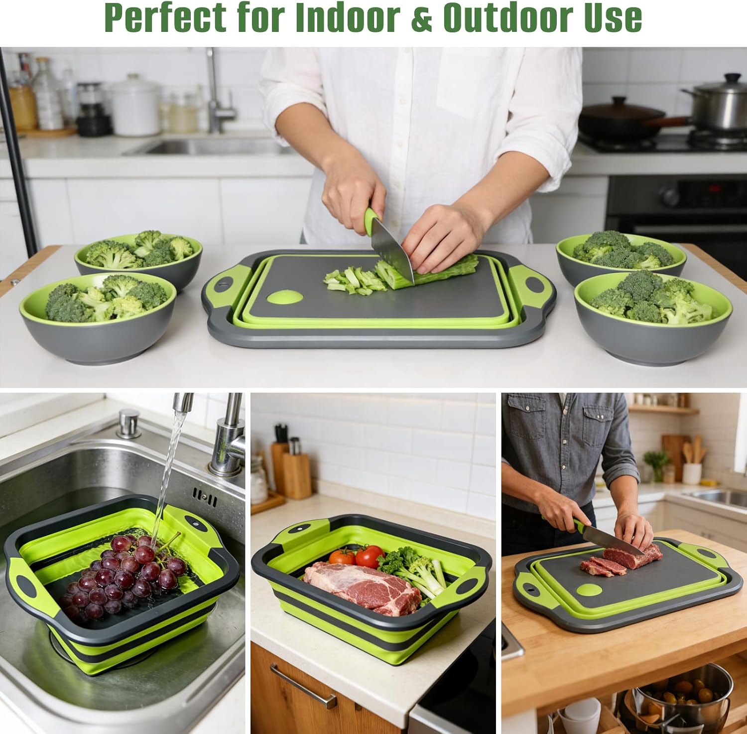 Collapsible BBQ Prep Tub with Lid, 3-IN-1 Foldable Camping Sink Tub with Colander, BPA-Free Storage Blanket, Food Grade Portable Cutting Board for Picnic BBQ Traveling, Kitchen