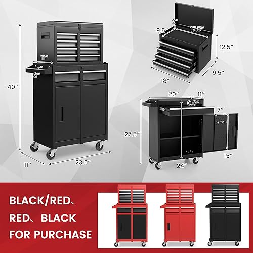 Miniatura 3 de ERGOMASTER Caja de herramientas con ruedas resistente con gabinete de 5 cajones para armario con cerradura y extraíble para garaje y taller - negro