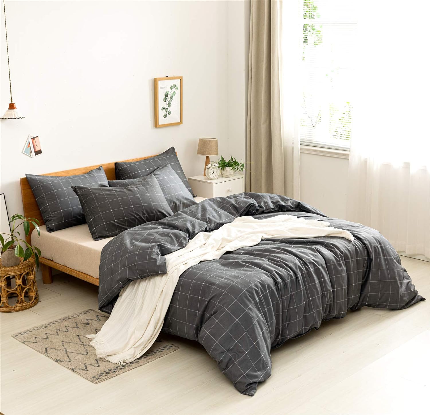 JELLYMONI 100% Natural Cotton 3pcs Plaid Duvet Cover Sets,Black with White Grid Geometric Pattern Printed Comforter Cover, with Zipper Closure & Corner Ties(Queen Size)