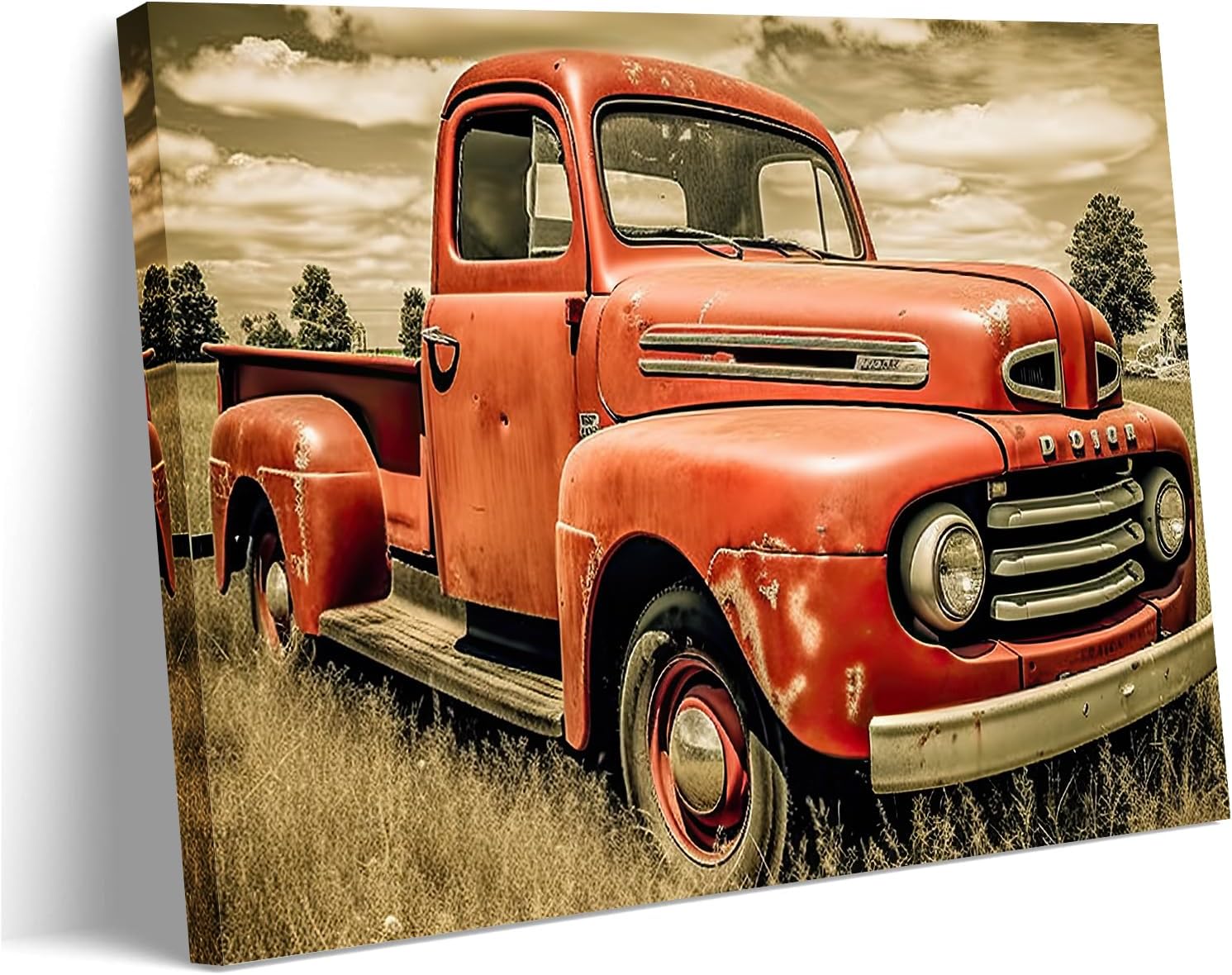 Rustic Vintage Old Truck Wall Art,Farmhouse Blue Car with White Barn Flower Landscape Picture Painting Framed Artwork for Home - Farm Wall Decor (Artwork 01, 18"x12")