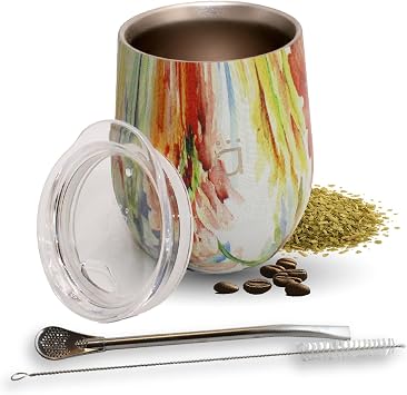 Kalmateh Yerba Mate Cup/Gourd 8oz, Stainless Steel Tea Cup, 3 Pcs Set Includes Bombilla Filter Straw & Cleaning Brush