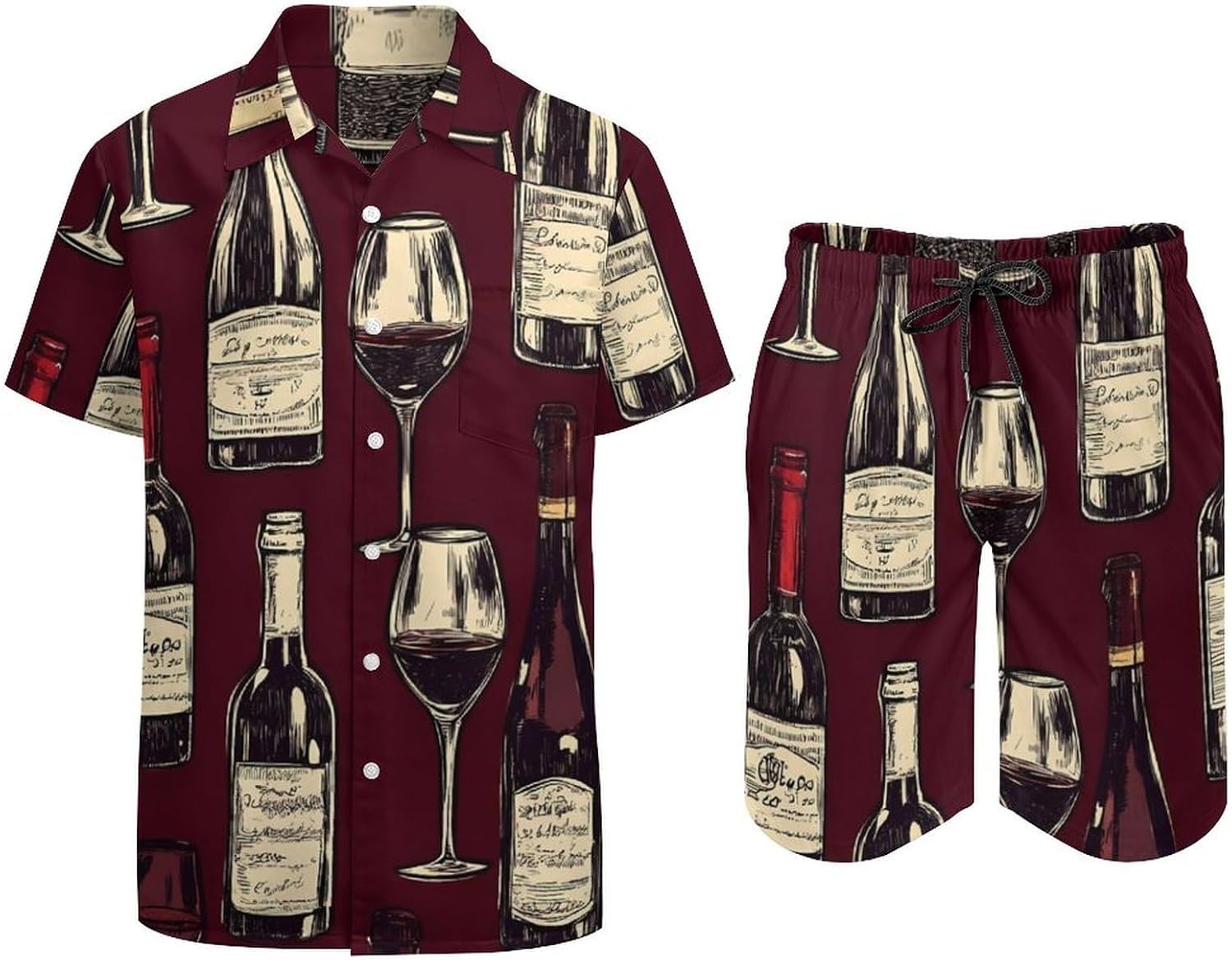 Red Wine Glass And Bottles Men's Summer Beach 2 Piece Outfits | hawaiian button down shirt and shorts,vacation cruise,mens bathing suit