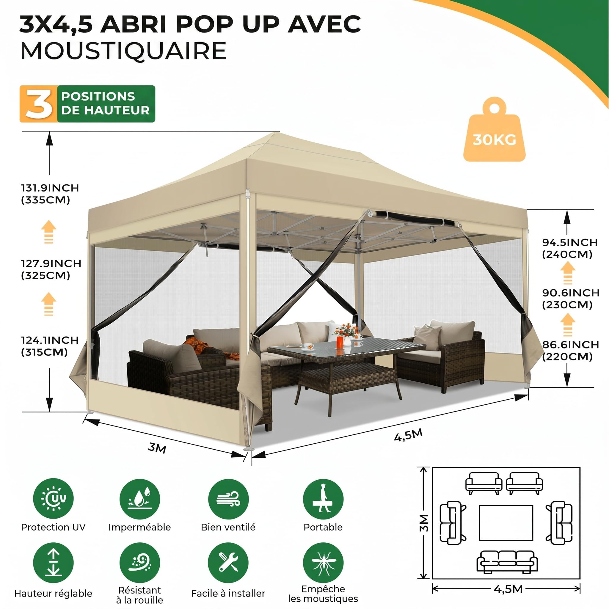 COBIZI Tonnelle de Jardin Pliante 3x4,5m, Tente de Réception Imperméable avec 4 Parois Moustiquaires, Barnum Pop-up en Acier Renforcé, Oxford 420D, Sac de Transport, Kaki