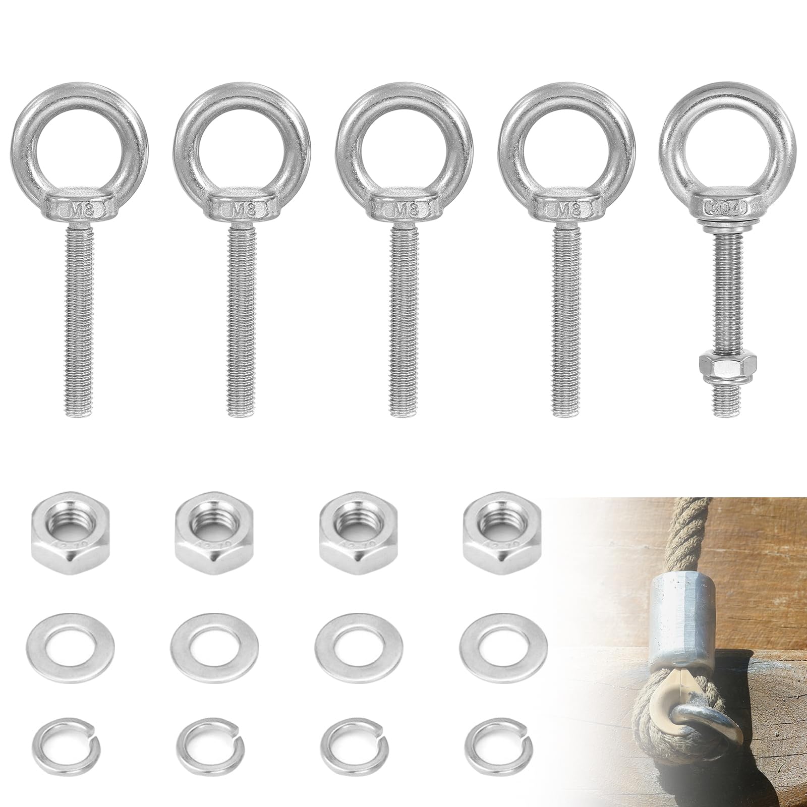 M8 x 80mm Eye Bolt, 6Pcs Lifting Shoulder Ring Eye Bolts with Nuts Washers 304 Stainless Steel Eyebolts for Hanging Hammocks Articles