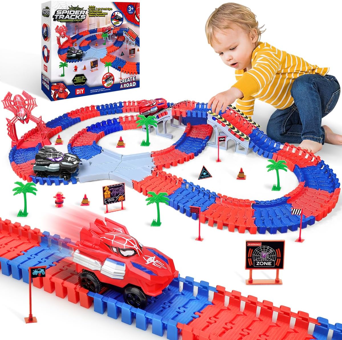Spider Hero Race Track Toy for Boys 4-6, 212PCS Flexible Car Track with 2 Spider Cars, STEM DIY Track Playset Gift for Kids Ages 3 4 5 6 7 8