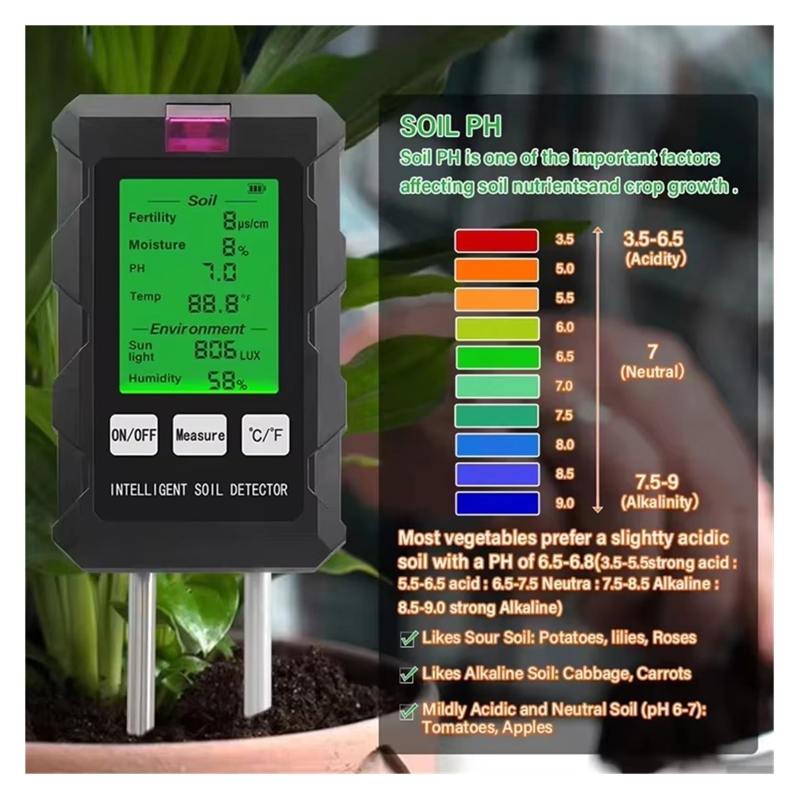 Humidimètre pour Sol, Testeur de Sol Multifonctionnel 6 en 1 Fertilité pH Température Humidité Lumière du Soleil Détecteur d'humidité de l'air pour Le Jardinage et l'agriculture