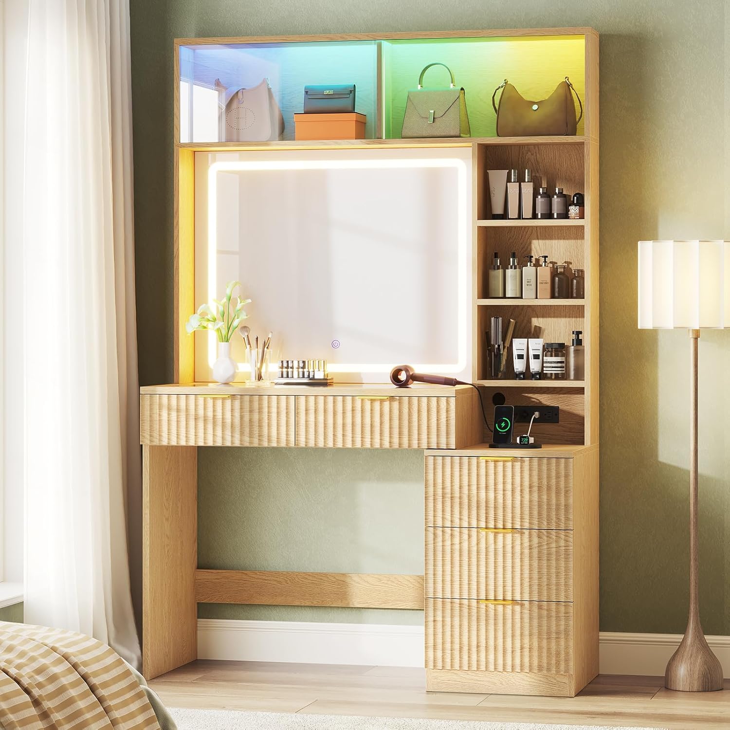 Vanity, Fluted Vanity Desk with Mirror, Sync Music LED Lights, Power Outlet, Wooden Makeup Vanitys with Cabinet, Glass Top, 4 Shelves, 5 Drawers Dressing Table, Bedroom Girls, Women, Oak