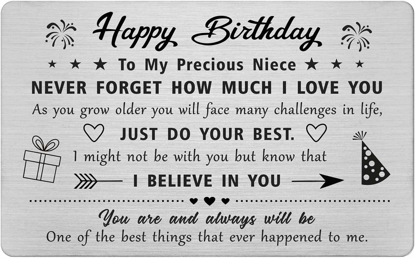FALOGI Niece Birthday Cards - Happy Birthday Card for Niece - Niece Birthday Gifts, Metal Engraved Wallet Card