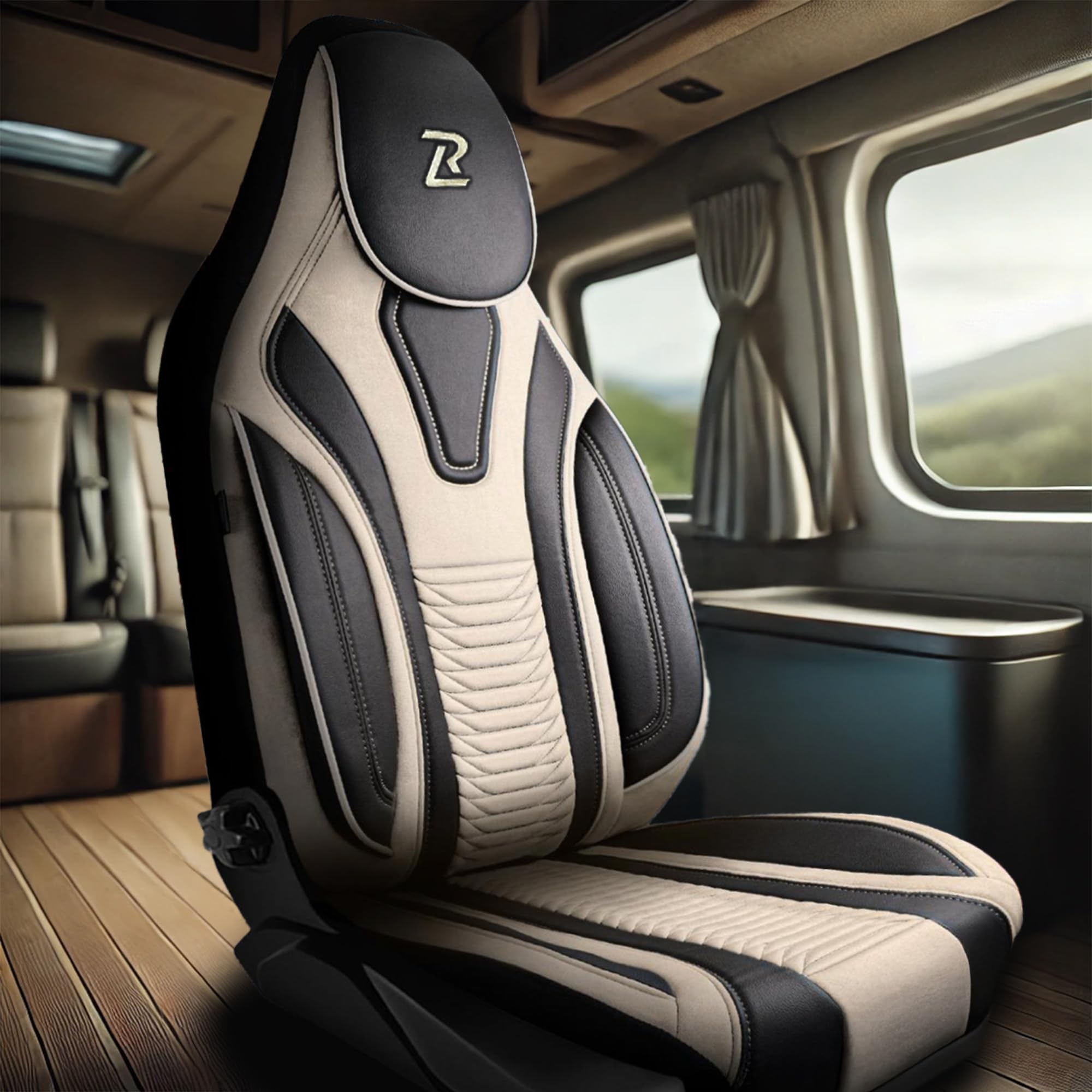 LUCARO Sitzbezüge Wohnmobil für FIAT Ducato, Peugeot Boxer mit 2 Stück | Wohnmobil Zubehör Beige für Citroen Jumper, Opel Movano C mit Velours & Kunstleder - Schutz & Komfort beim Fahren