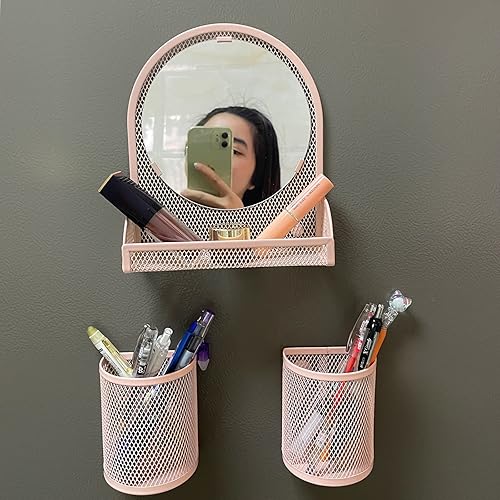 Miniatura 4 de Estante de casillero con espejo de casillero magnético y 2 vasos magnéticos para bolígrafos, organizador de casillero para el trabajo, kit de