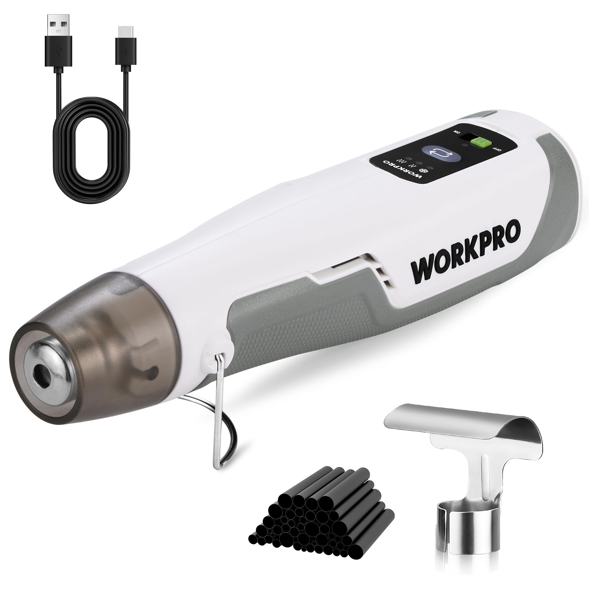 WORKPRO Pistola de aire caliente inalámbrica Mini, 3 ajustes de temperatura, calentamiento rápido con boquilla reflectora y 50 tubos termorretráctiles, ideal para bricolaje, repujado y manualidades