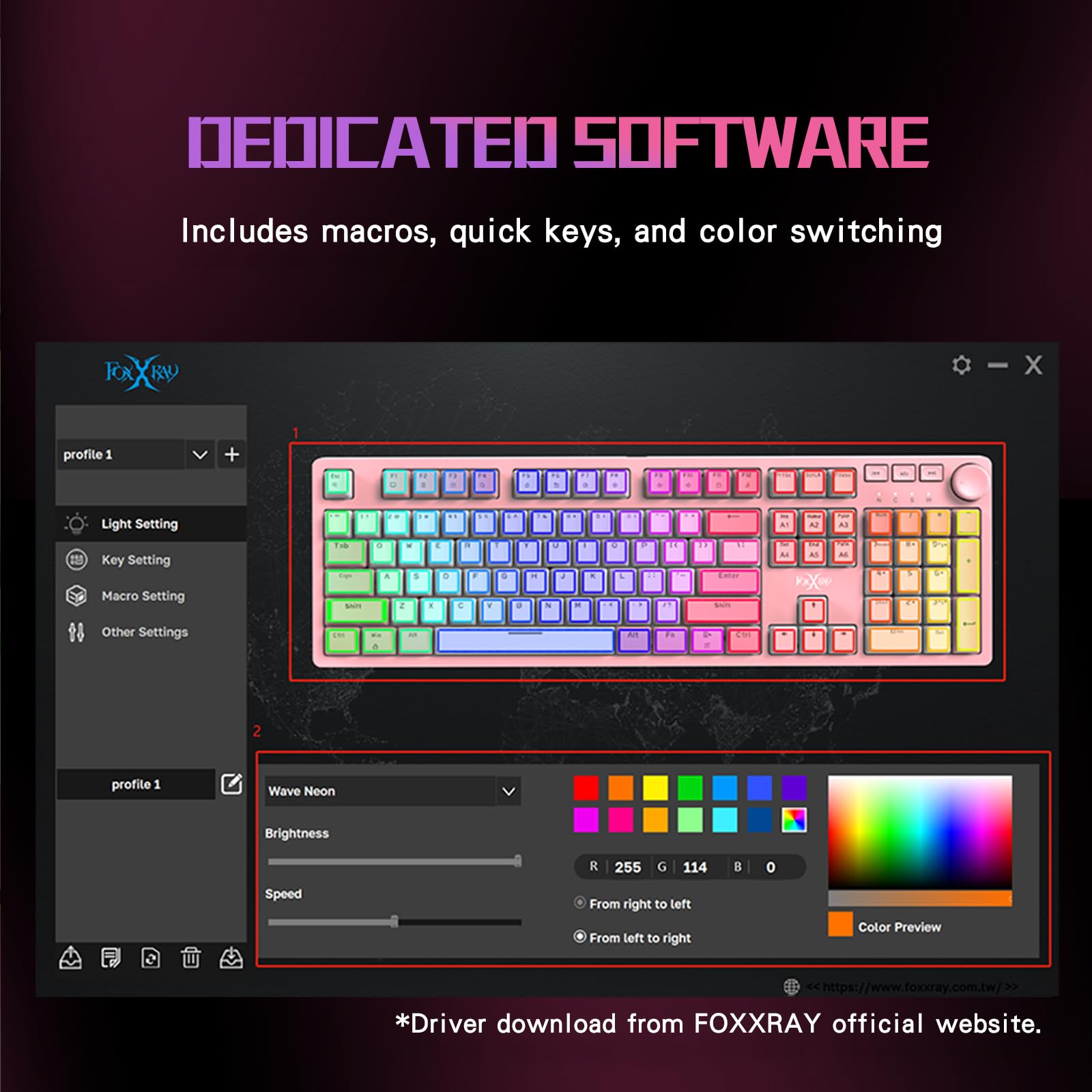 FOXXRAY HKM-95 przewodowa mechaniczna klawiatura do gier, pełnowymiarowe podświetlenie RGB z pokrętłem sterowania multimediami, przełączniki Outemu, USB Plug and Play, do PC/Mac/Windows, różowa i