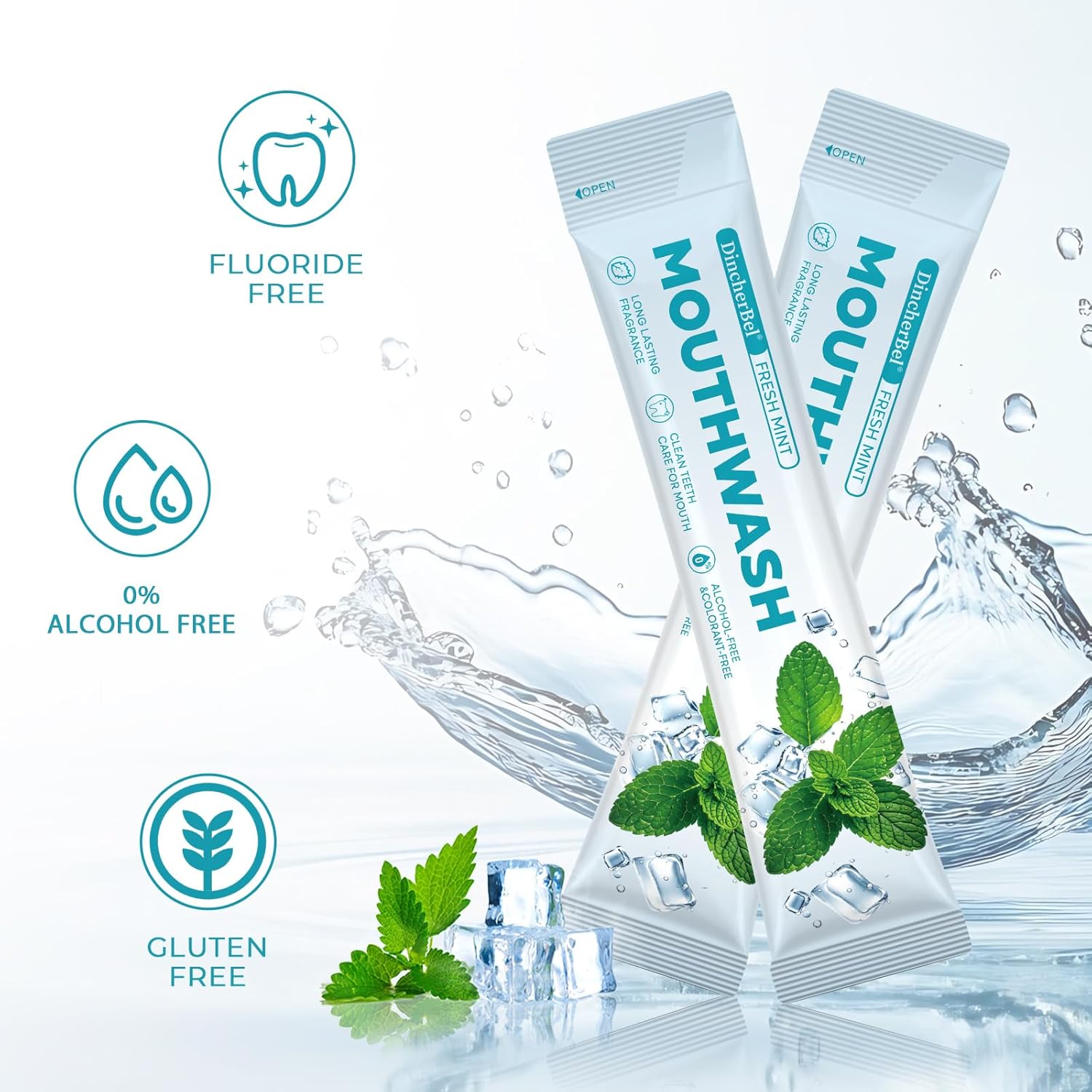 Dincherbel Travel Mouthwash Packets (60 Count) - Alcohol & Fluoride Free Natural Mint Mouth Wash - TSA Approved Individual Packets - Portable, Leak-Proof Sachets for Bad Breath, Gum Health & Dry Mouth