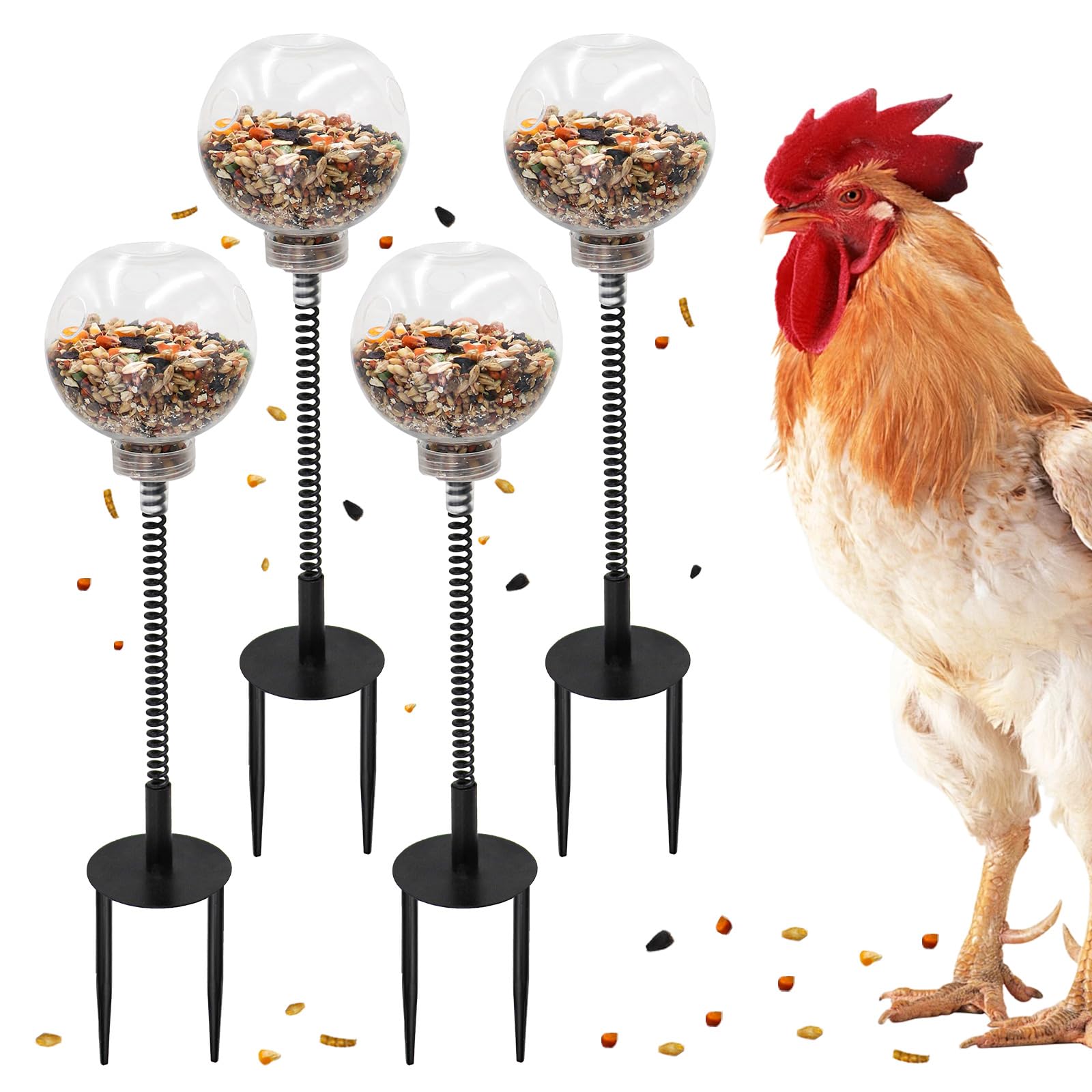 MinrzPet Chicken Treat Dispenser, Chicken Enrichment Toys with Spring and Ground Stake, Feeder for Coop, Coop Accessories for Hens, Geese, Ducks,