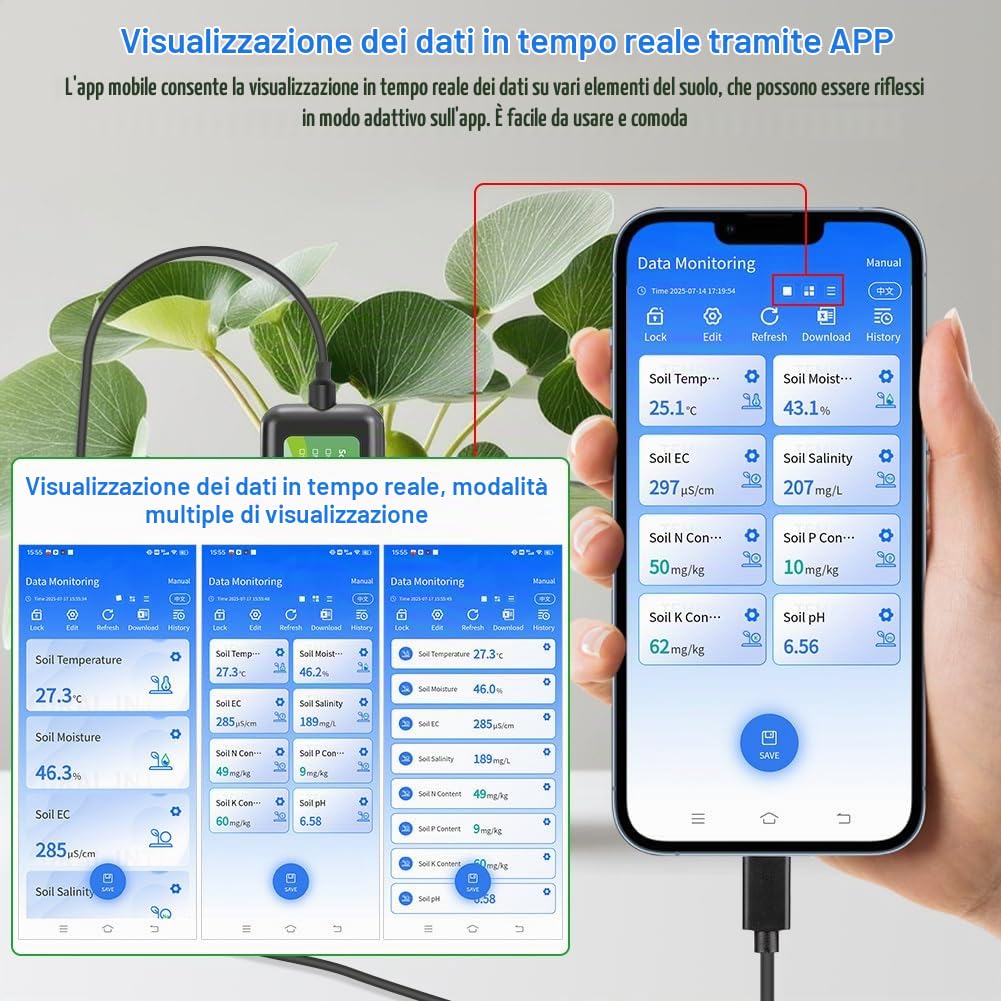 Tester del suolo USB, sensore del suolo, misuratore digitale di test dei suoli con analisi dei nutrienti NPK della temperatura del pH