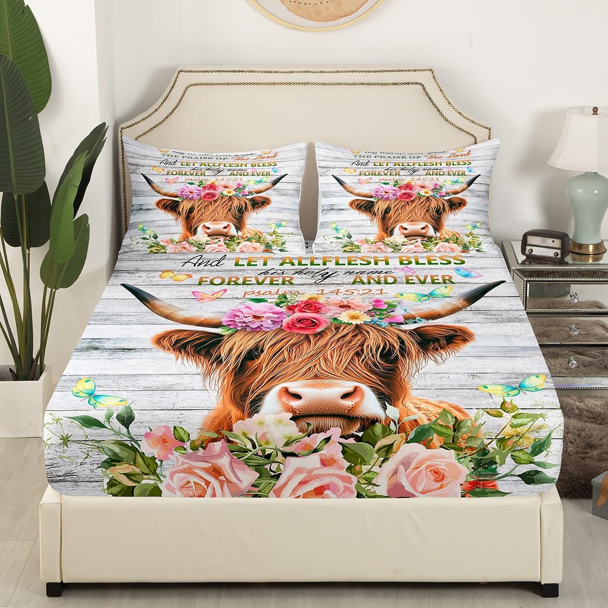 Feelyou Highland Cow Bed Sheet Set Rose Highland Cattle Bedding Sheets for Kids Boys Girls Bull Cattle Bedding Fitted Sheet Botanical Floral Bed Cover 1 Bed Sheet Set with 2 Pillowcases Queen Size