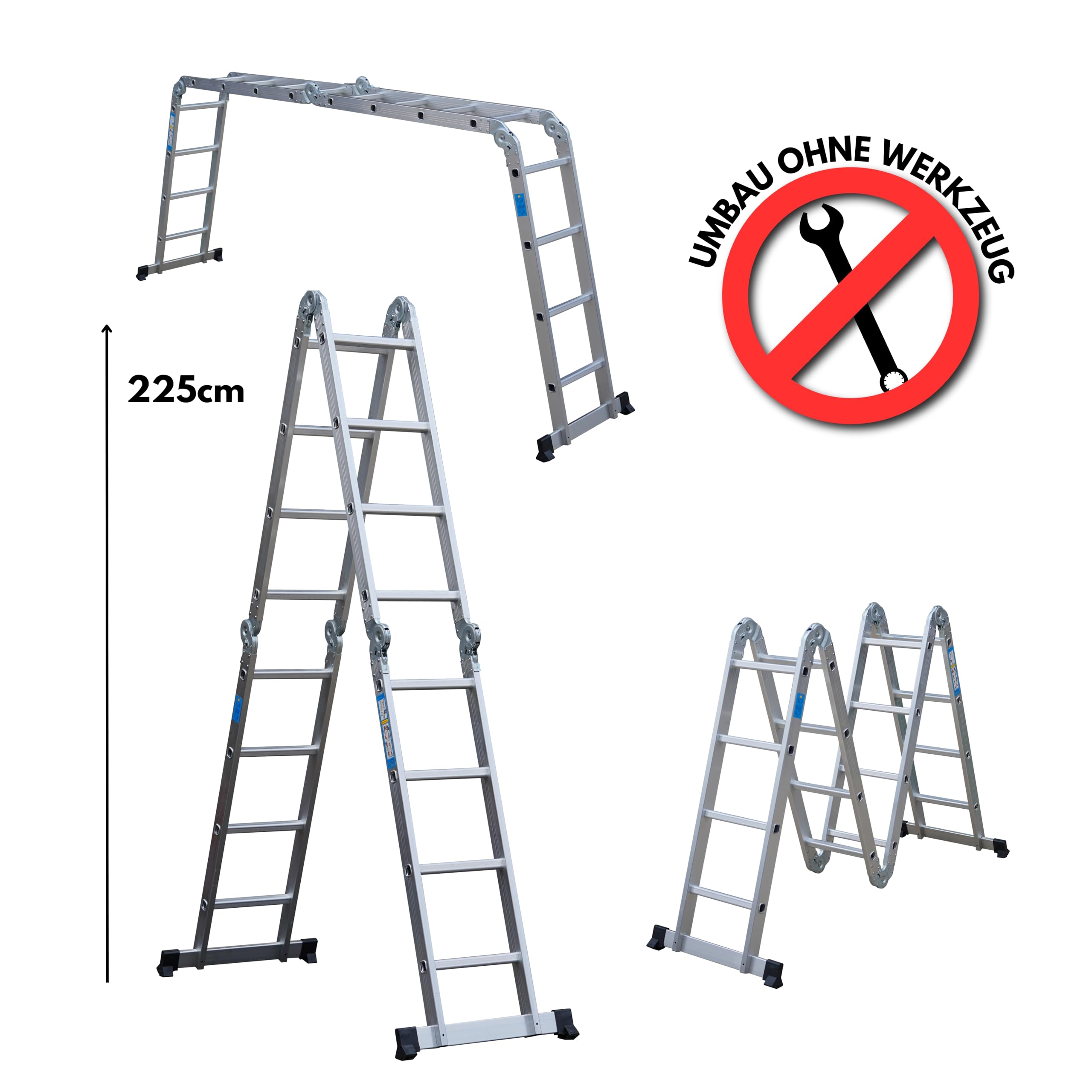 DIVID® Multifunktionsleiter Aluminium 4x4 (4,70m) Klappbar, Klappleiter, Gelenkleiter, Stehleiter, Alumiumleiter bis 150Kg