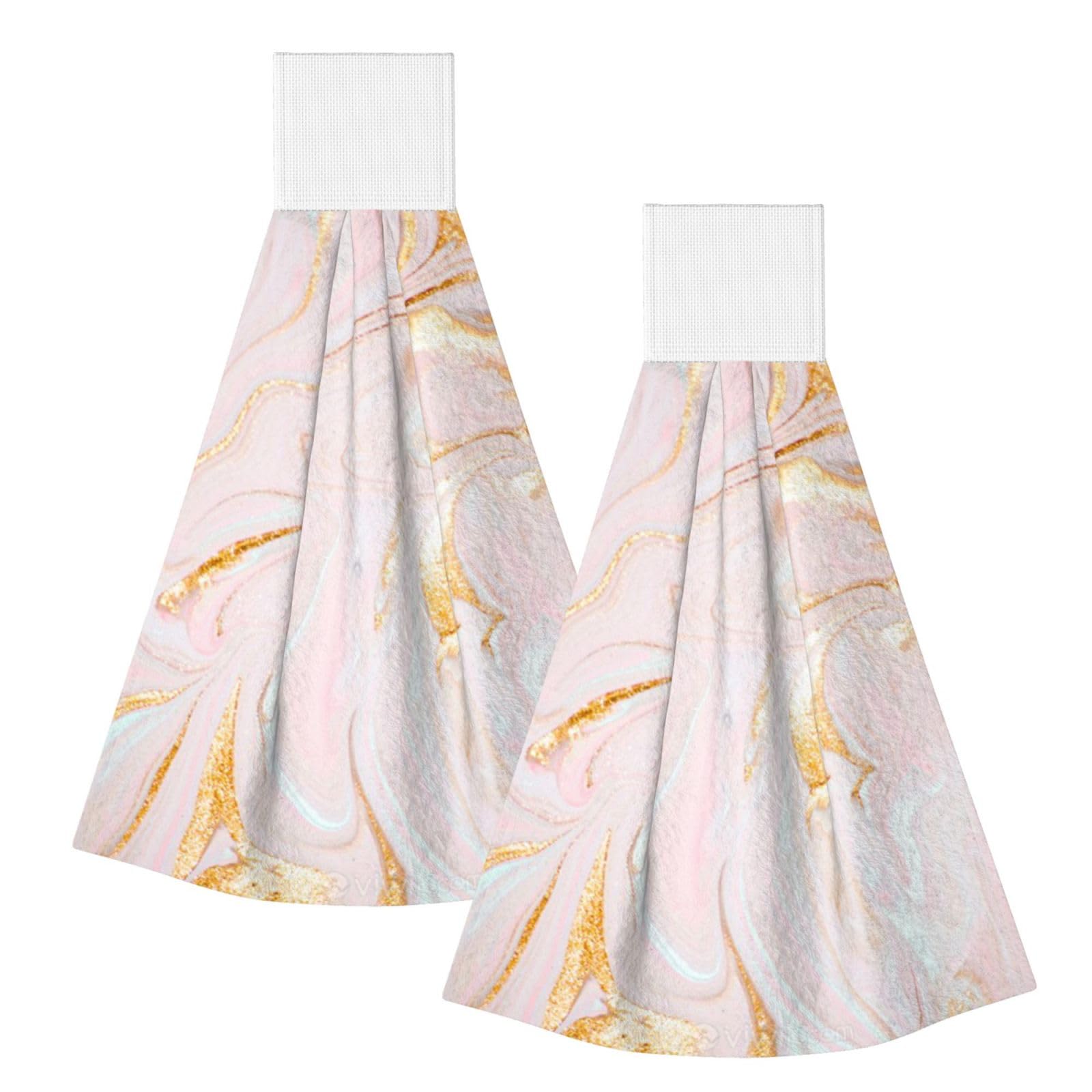 DOPKLNA Pastel Marbling Fitted, 2 Pcs Hanging Coral Fiber Hand Towels for Bathroom, Absorbent Kitchen Towels