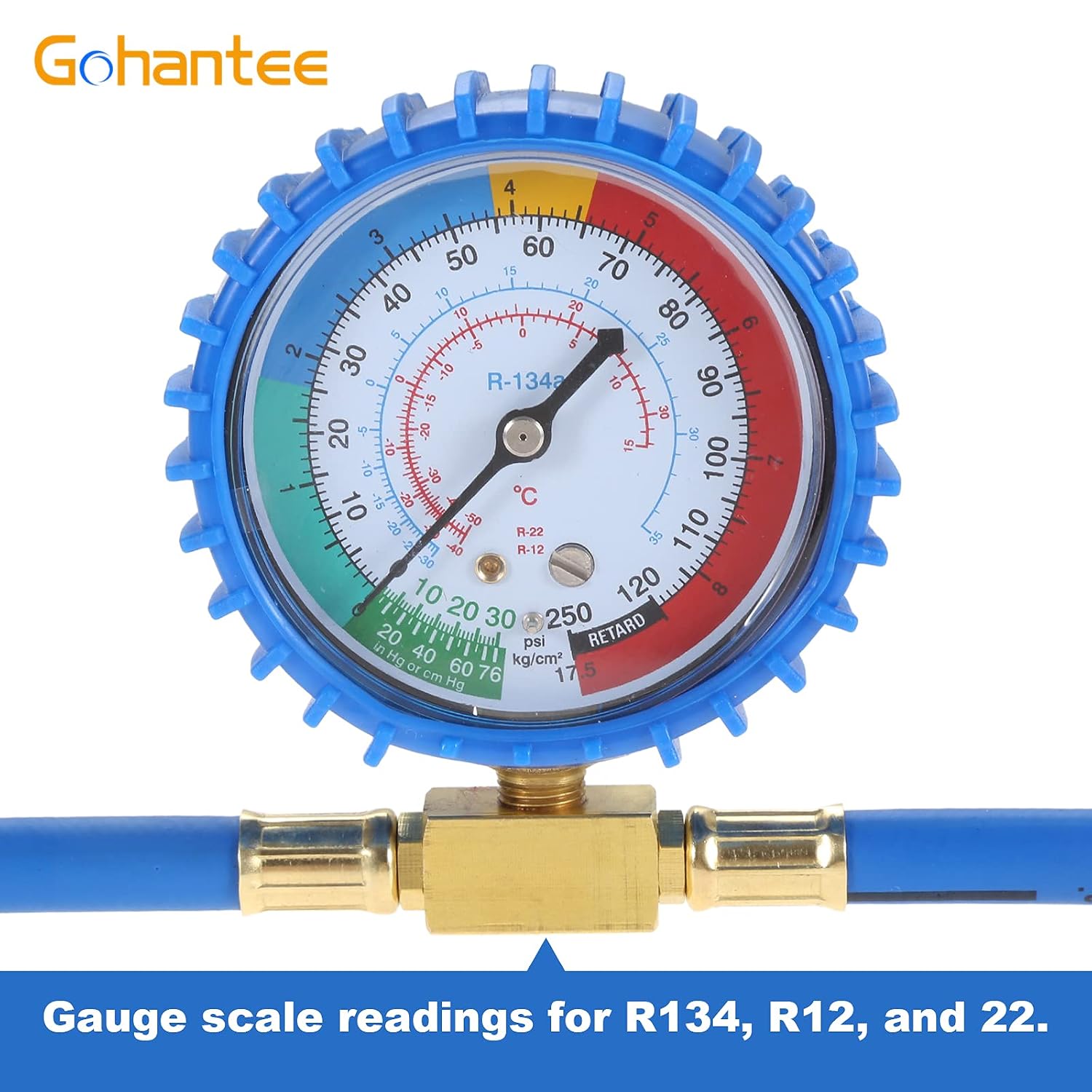 R134A Refrigerant Recharging Hose with Gauge, Refrigerator Freon Recharge Kit with BPV31 Bullet Piercing Tap Valve, Piercing and Self-Sealing R134a Can Tap, R134a Low Side Quick Couple