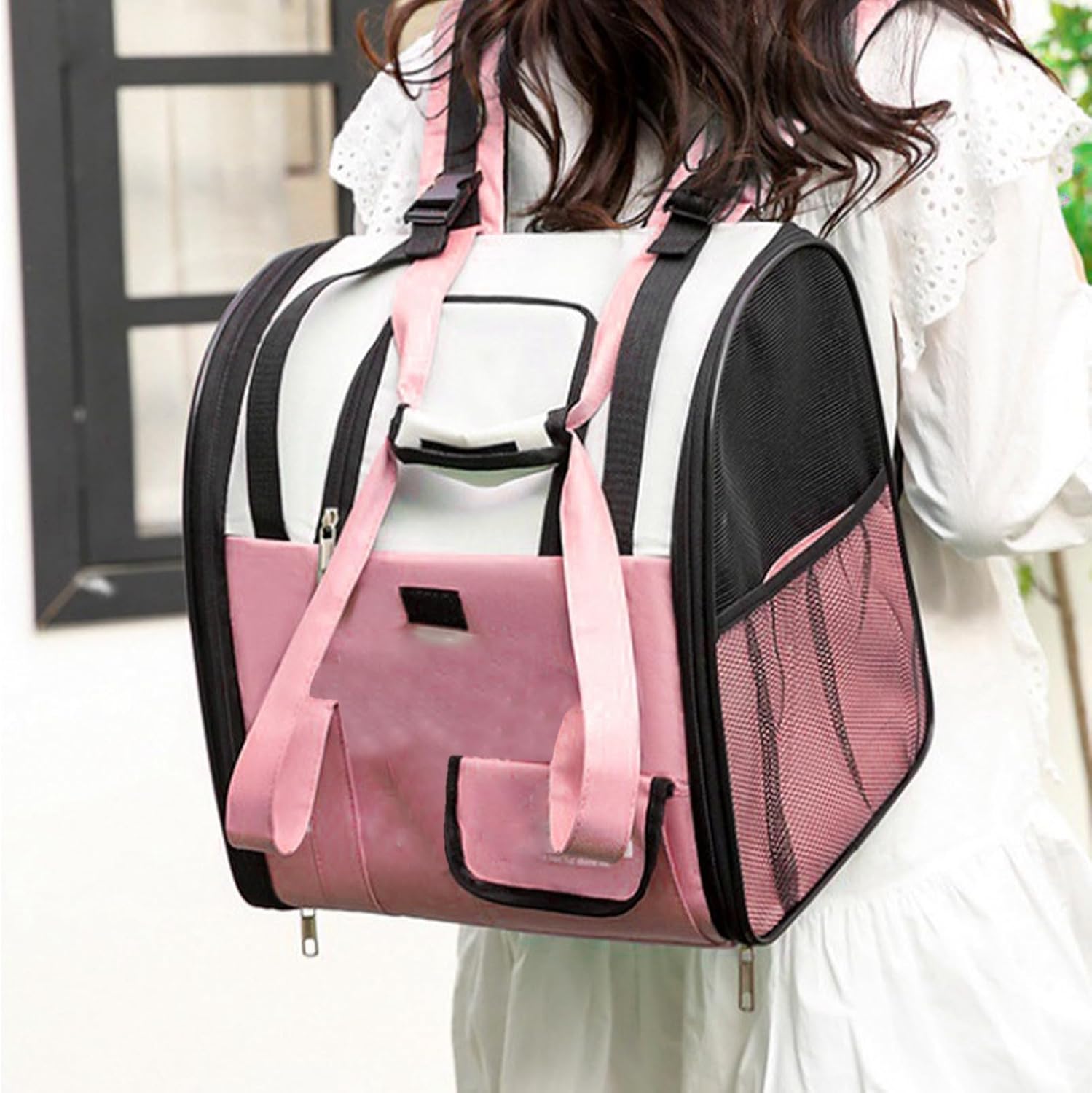 Pet Backpack, Large Capacity Nylon Carrier with Breathable Mesh, Portable Cat and Small Dog Backpack for Outdoor Travel (Orange Pink)