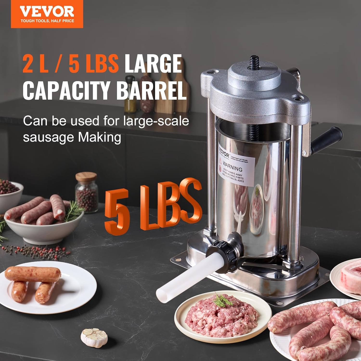 vevor manual sausage stuffer, 2 l / 5 lbs vertical sausage machine with g-type clamp, food-grade 304 stainless steel barrel with 2 stuffing tubes, for home kitchen restaurant commercial