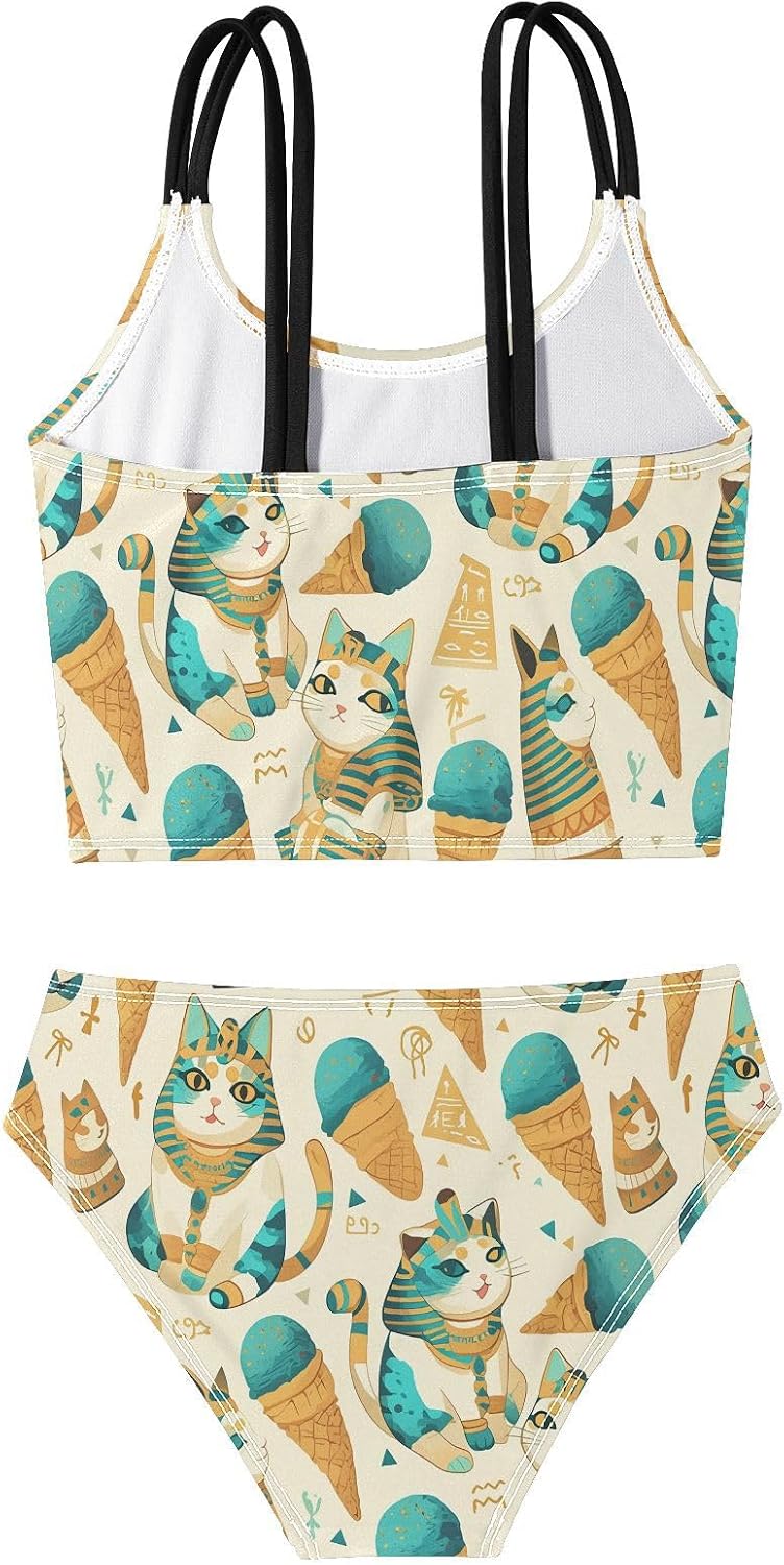visesunny Girls Two Piece Swimsuits Fat Cat Ice Cream Girl's Bikini Sets Bathing Suits for Girls Size 5-12Y