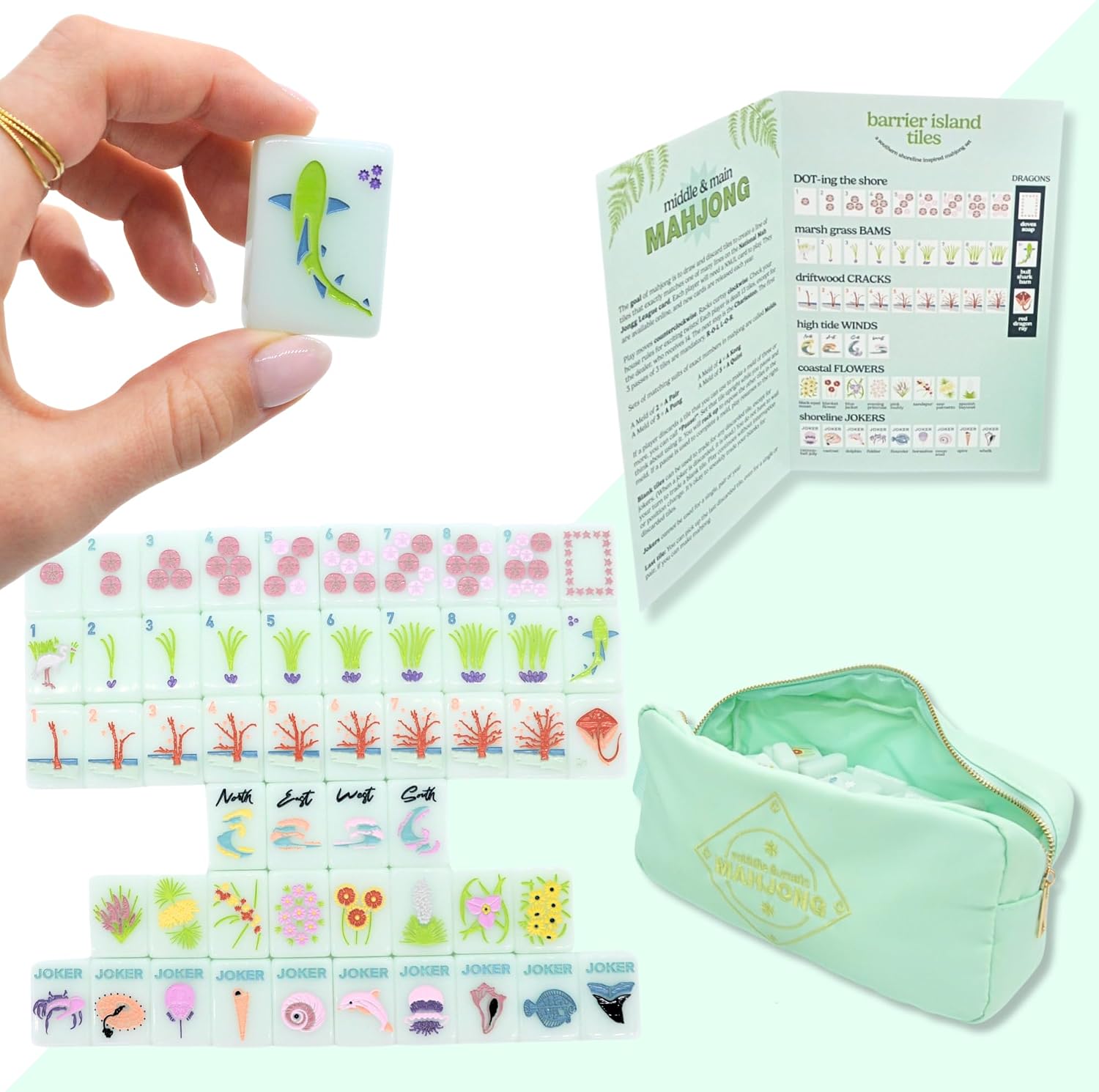American Mahjong Set, Ocean Coastal Barrier Island Tiles, 160 Tiles, Includes Brochure and Embroidered Nylon Bag, Middle and Main Mahjong, Beautiful Quality Acrylic