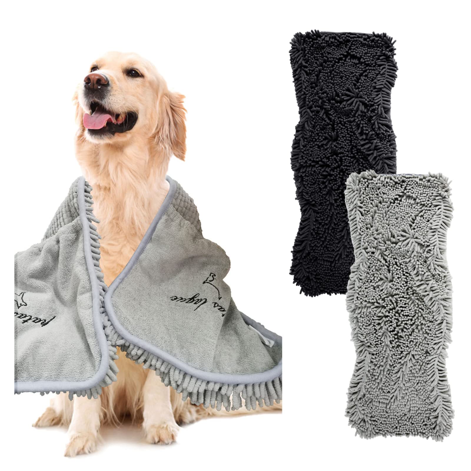 Patas Lague Paquete de 2 toallas absorbentes de lujo para perro, (35 x 15 pulgadas), microfibra extra grande, secado rápido, con bolsillos para las manos, toalla para mascotas para perros y gatos
