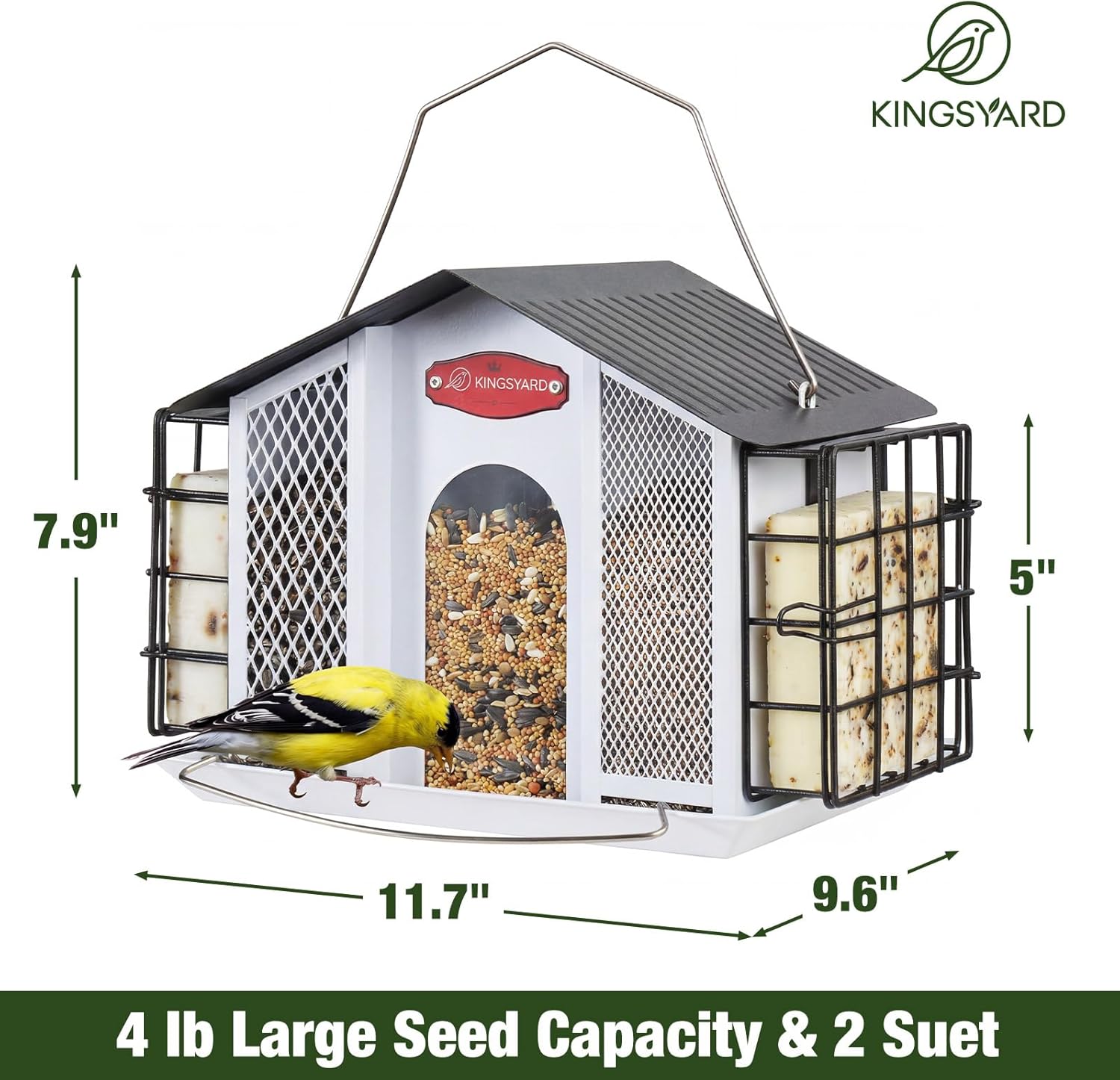 Kingsyard Large Metal Bird Feeders for Outdoors Hanging with Weatherproof Roof, 4 in 1 Removable Double Suet Feeder for Woodpecker, 4 Lbs Capacity for Cardinal Finch Chickadee, White