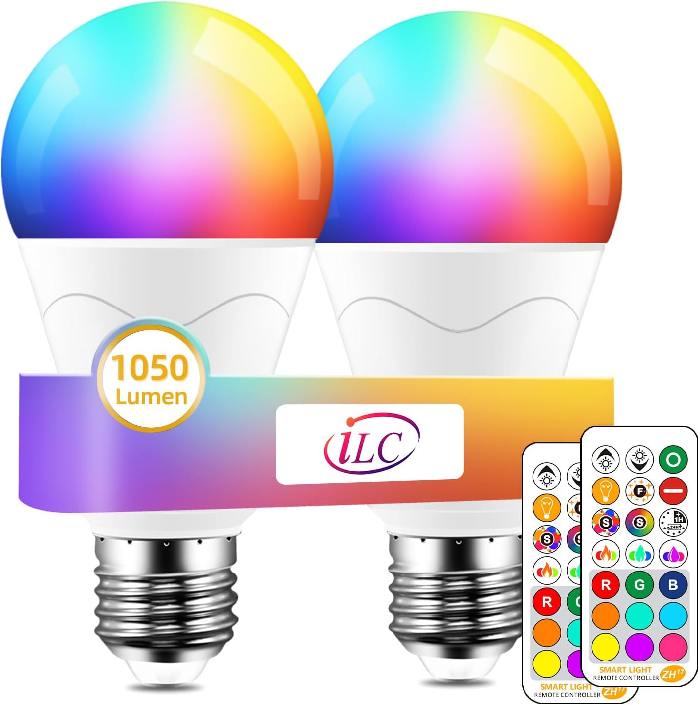 ILC LED Light Bulb 85W Equivalent, Color Changing Light Bulbs 2700K Warm White, Remote Control RGB 6 Modes, Timing, Sync, Dimmable E26 Screw Base (2 Pack) 2 Count (Pack of 1)