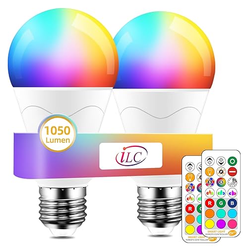 ILC Colour Changing Light Bulbs 85W Equivalent, Remote Control Light Bulb 2700K Warm White, LED RGB Light Bulb 6 Modes, Timing, Sync, E26 Screw Base (2 Pack) - 2 Pack