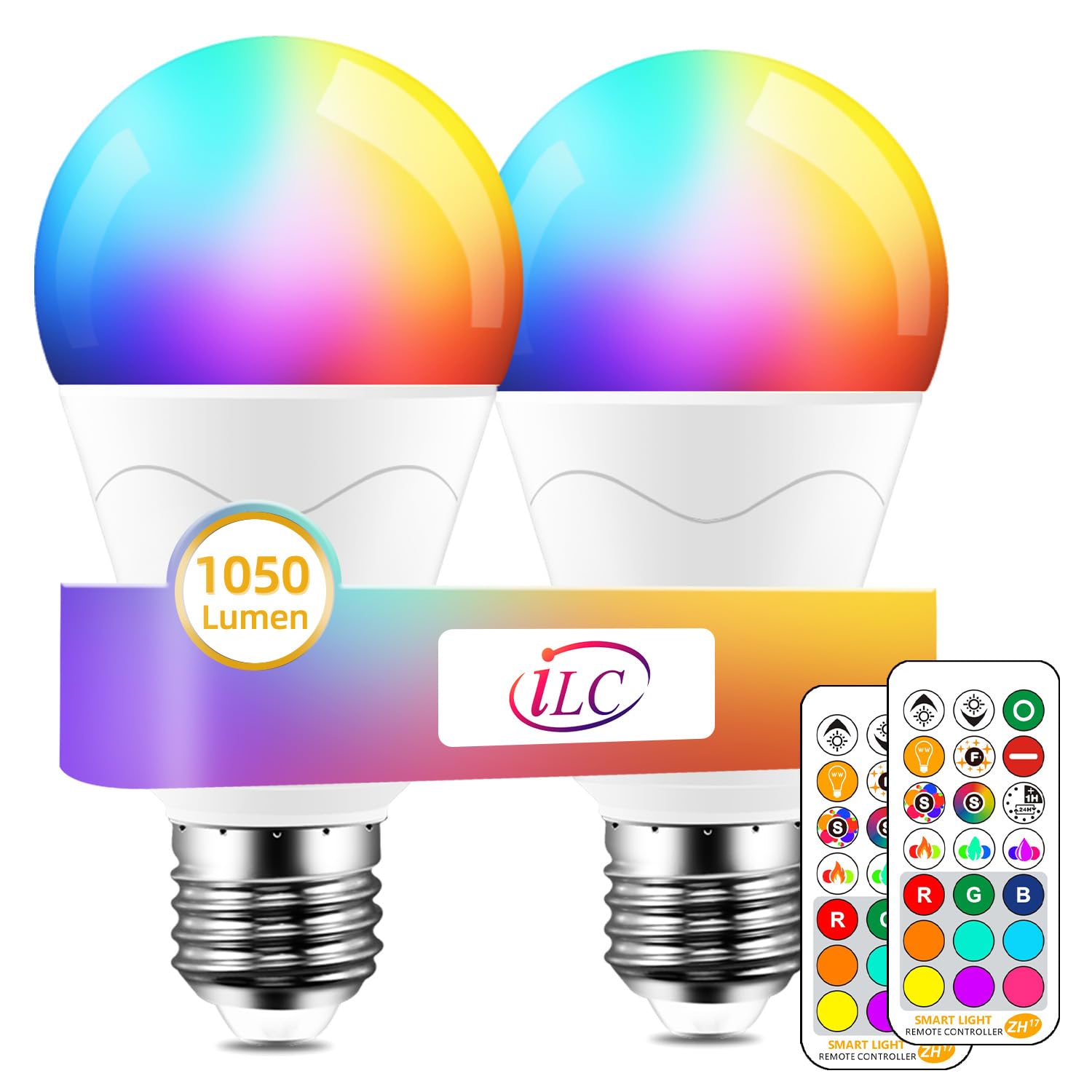 ILC LED Light Bulb 85W Equivalent, Color Changing Light Bulbs 2700K Warm White, Remote Control RGB 6 Modes, Timing, Sync, Dimmable E26 Screw Base (2 Pack)