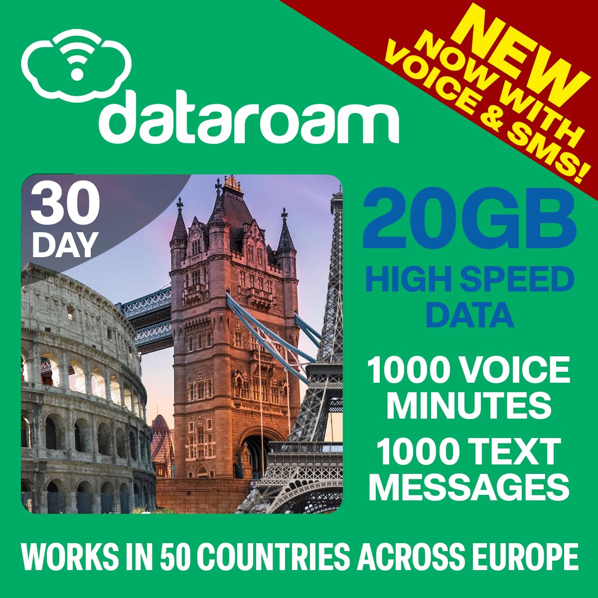 European Sim Card - 20GB Data Bundle with 1,000 European Voice Minutes and 1,000 Text Messages. Works in 50 Countries Across Europe. (See Image to The Left for The List of Countries)