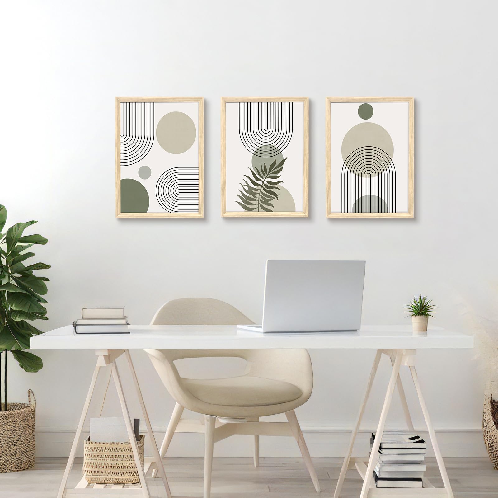 3 Pcs Wooden Framed Canvas Wall Art Set Bohemian Sage Green Canvas Prints Poster Geometric Line Beige Green Pictures for Living Room Bedroom Dinning Room Hallway Stairs Wall Decor 30x40cm x3pcs — view 260