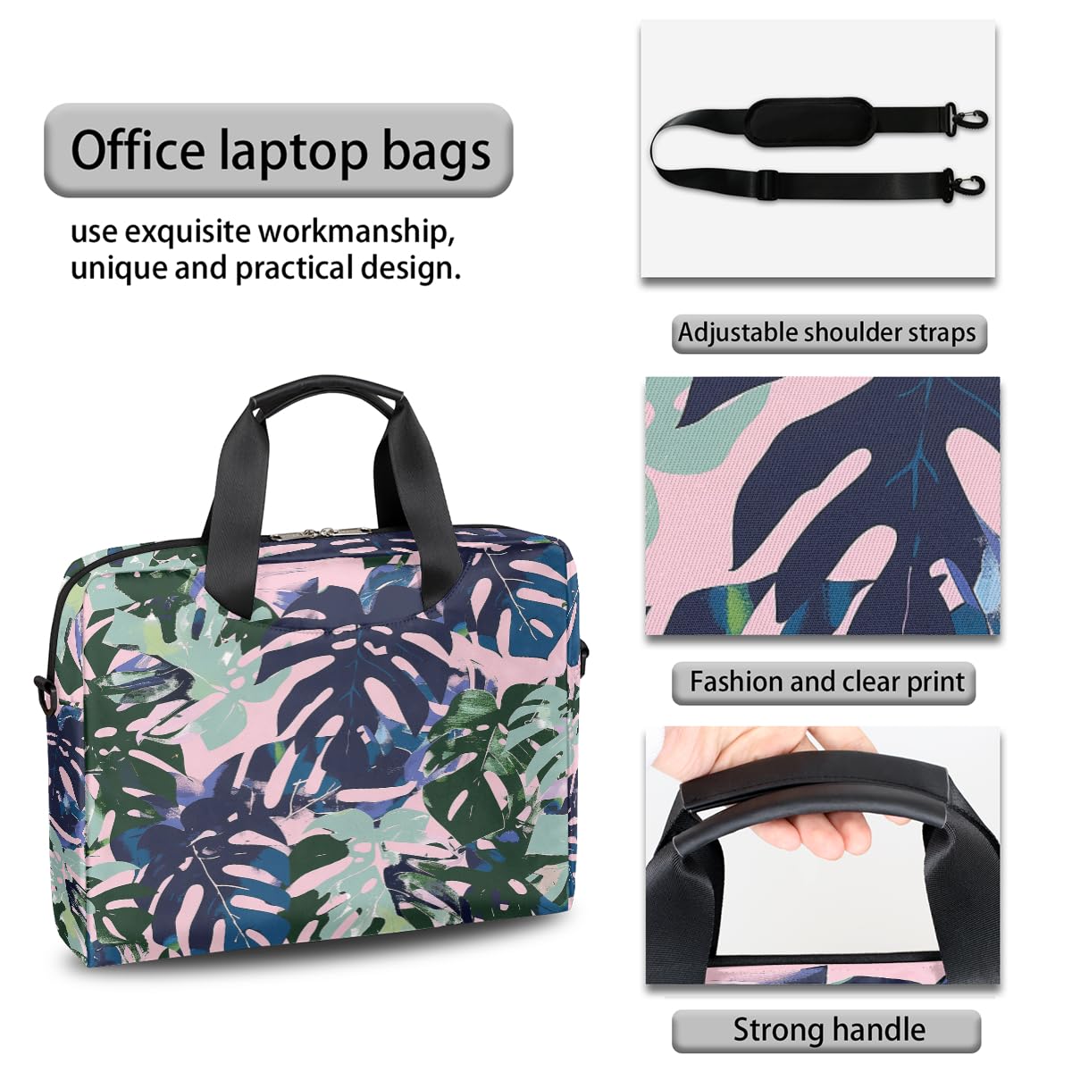 Borsa per laptop 15.6 16 Pollice Camouflage Foglie di Palma Custodia per Laptop Impermeabile Borsa Messenger a Tracolla per Donne Uomini, Nero