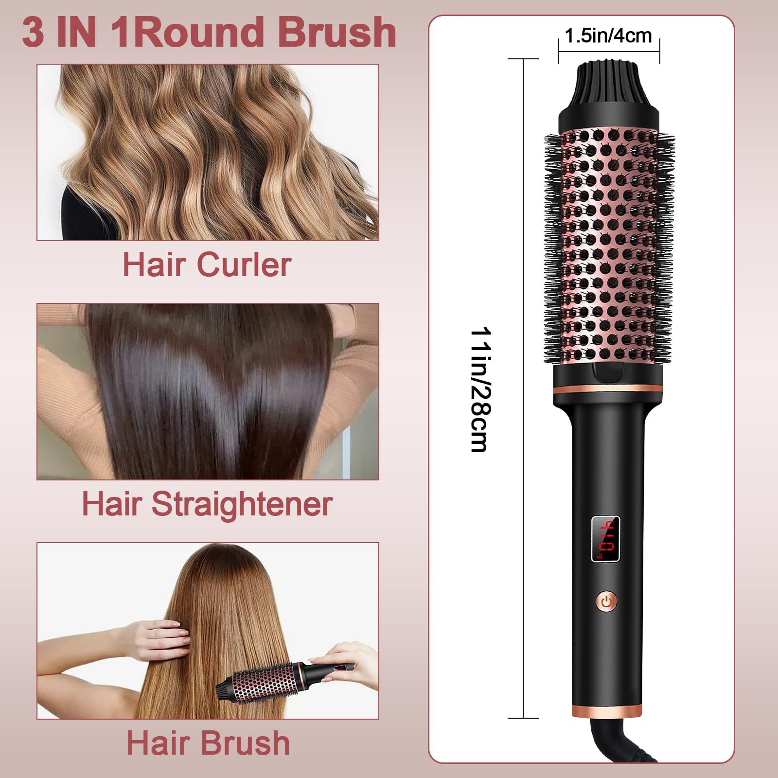 Heated Round Brush 38mm, Elektrische Lockenbürste,Thermobürste Rundbürste, Rundbürste LCD Anzeige 120-210℃, für Wurzelvolumen und lockere Locken, Dual-Spannung, Passend für Reise, Thermal Brush 3 in 1