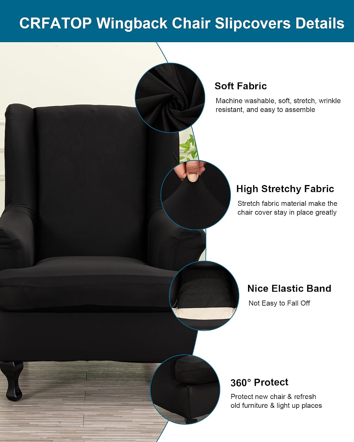 CRFATOP 2 Piece Stretch Wingback Chair Cover Solid Wing Chair Slipcovers Spandex Fabric Wingback Armchair Covers with Elastic Bottom for Living Room Bedroom Wingback Chair,C59