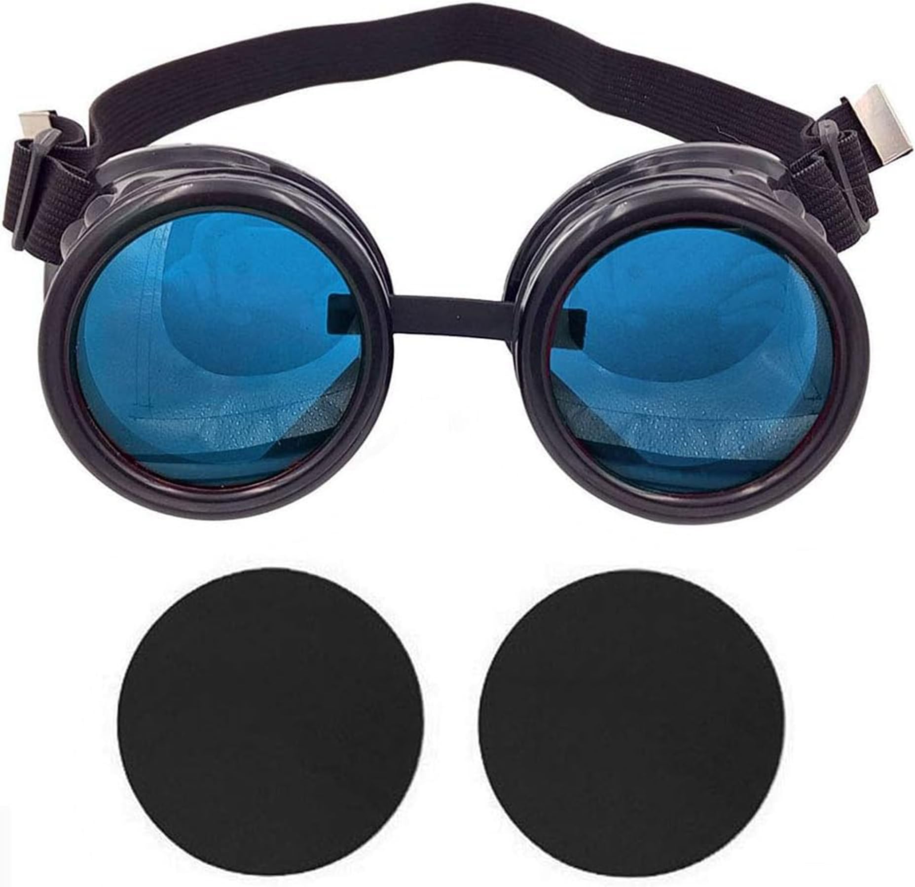 Blue Steampunk Goggles Costume Cosplay Goggle Mad Scientist Goggles - Black Frame, Round Goggle, Black Lens, Blue Len, Elastic Band, for Halloween Party, Women, Men
