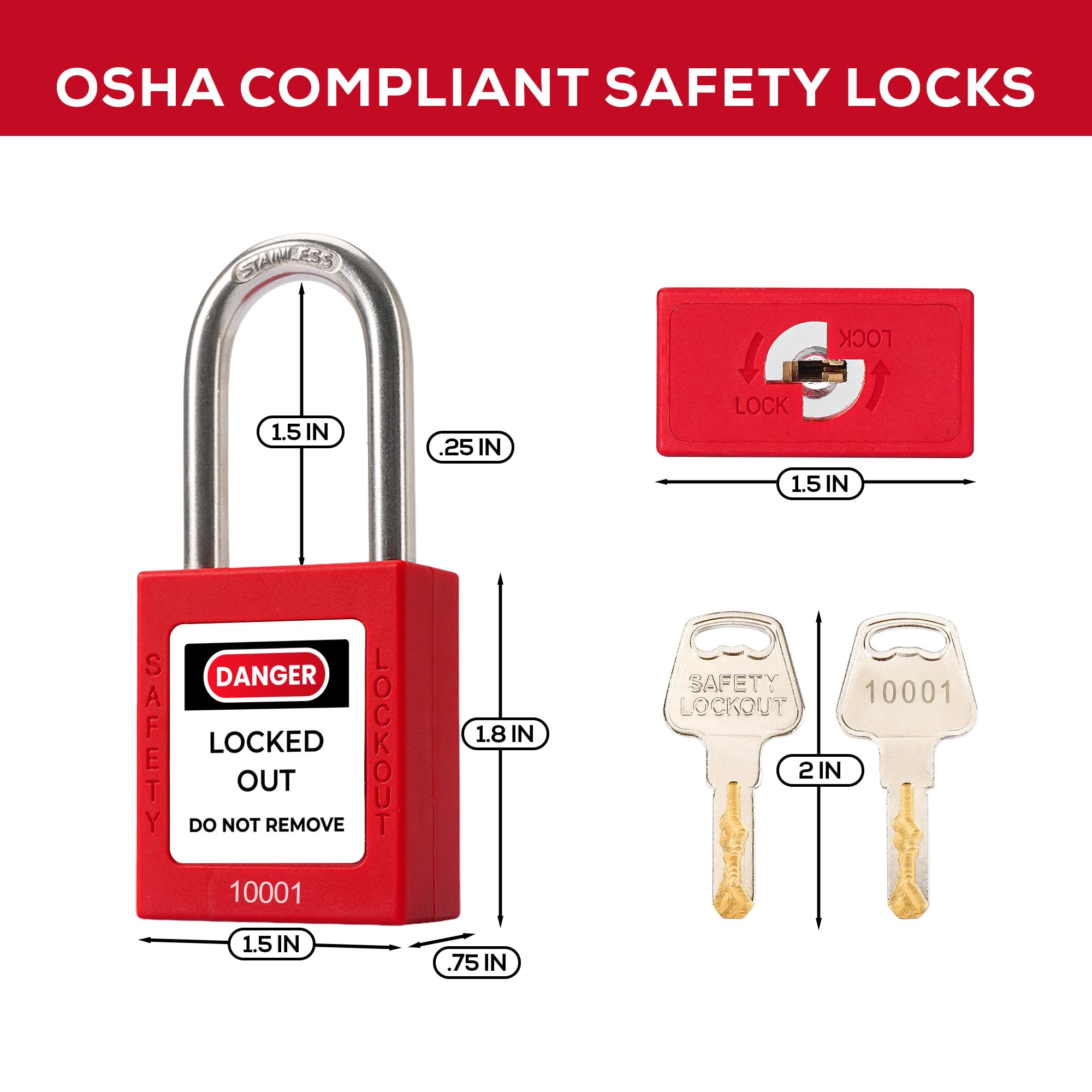 30 cerraduras rojas con 30 etiquetas de bloqueo, con llave diferente, cerraduras de seguridad compatibles con OSHA (rojo, llave diferente)