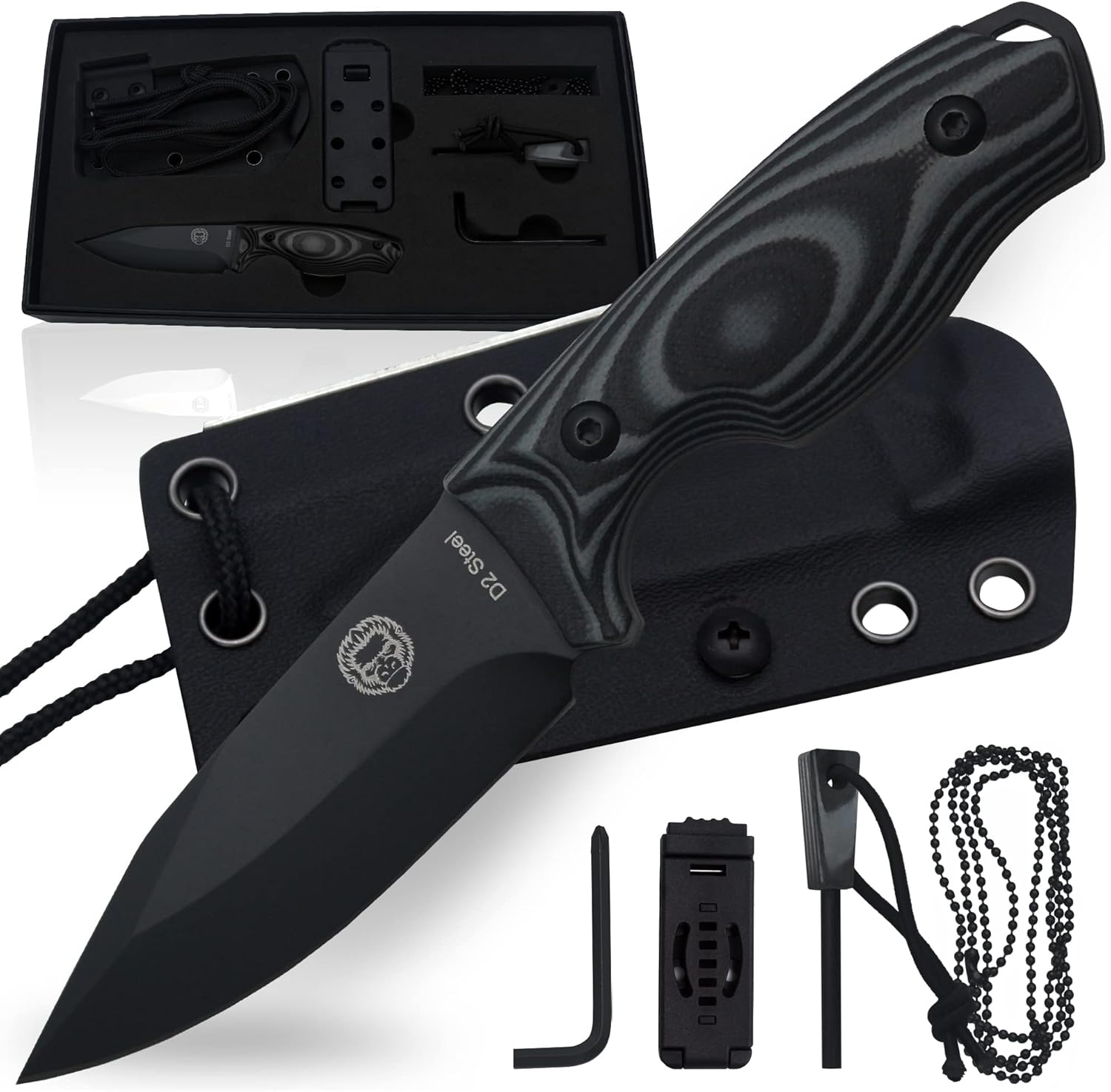 Holtzman's Gorilla Survival Baby Silverback Fixed Blade Hunting Knife with Kydex Sheath & Ferro Rod (Black+Grey) - Ideal for Camping and Outdoor Adventures