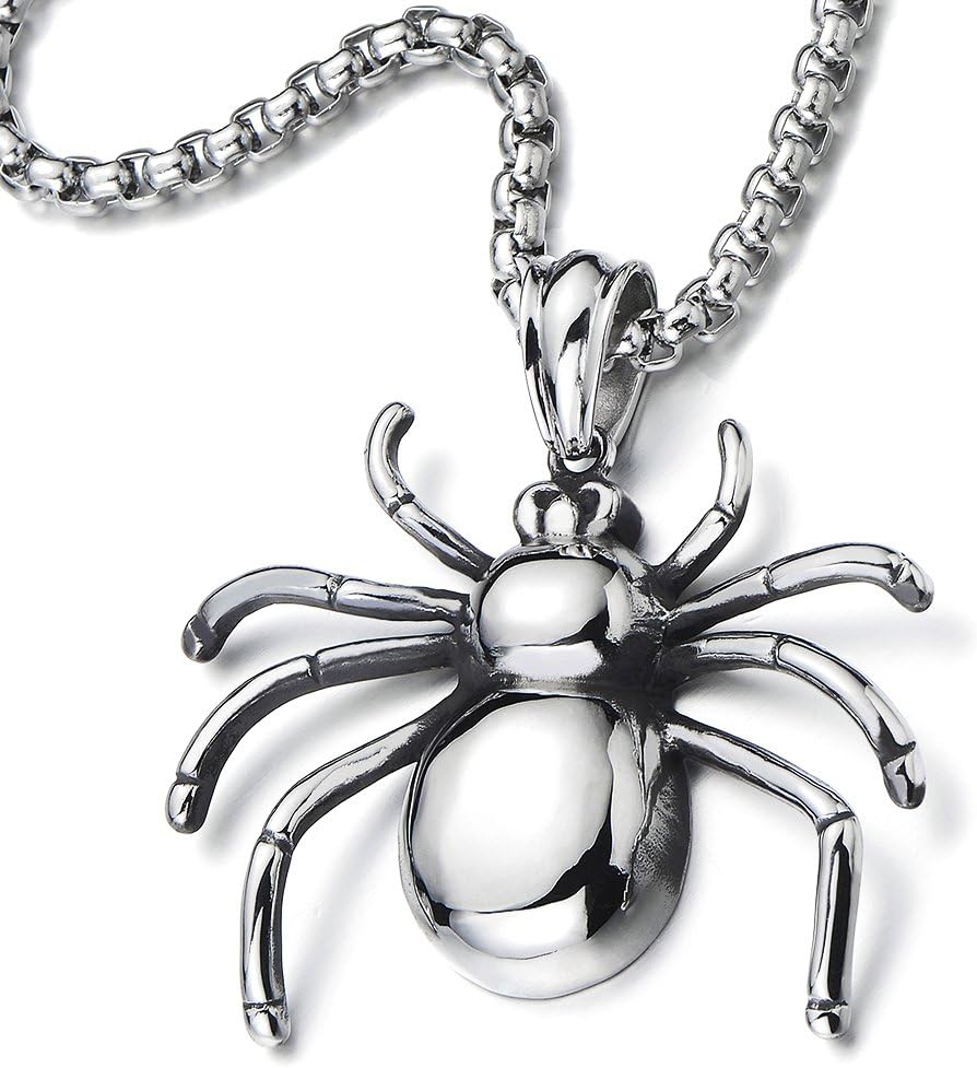 COOLSTEELANDBEYOND Stainless Steel Spider Pendant Necklace for Men for Polished with 30 Inches Wheat Chain