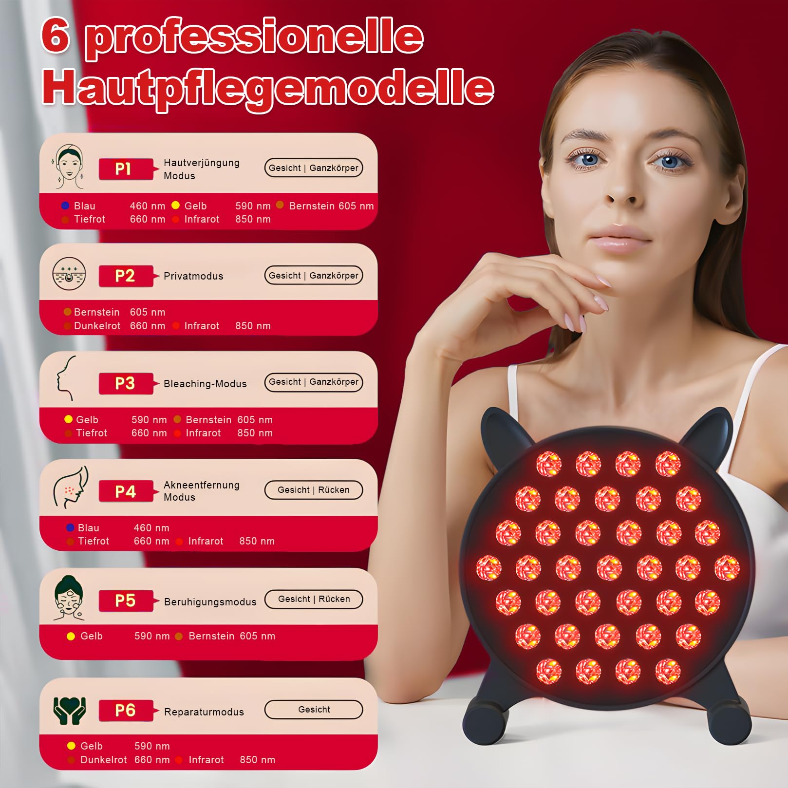 Lampe thérapeutique à lumière rouge,5 couleurs, Thérapie par lumière infrarouge 185 LED de la Récupération du Visage, du cou, du Corps,des Muscles et du dos-Traitement efficace et relaxation