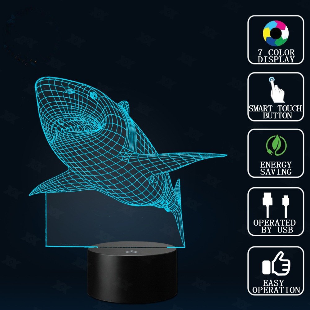 Shark 3D Night Light Touch Table Desk Lamps, HAIYU 7 Color Changing Lights with Acrylic Flat & ABS Base & USB Charger