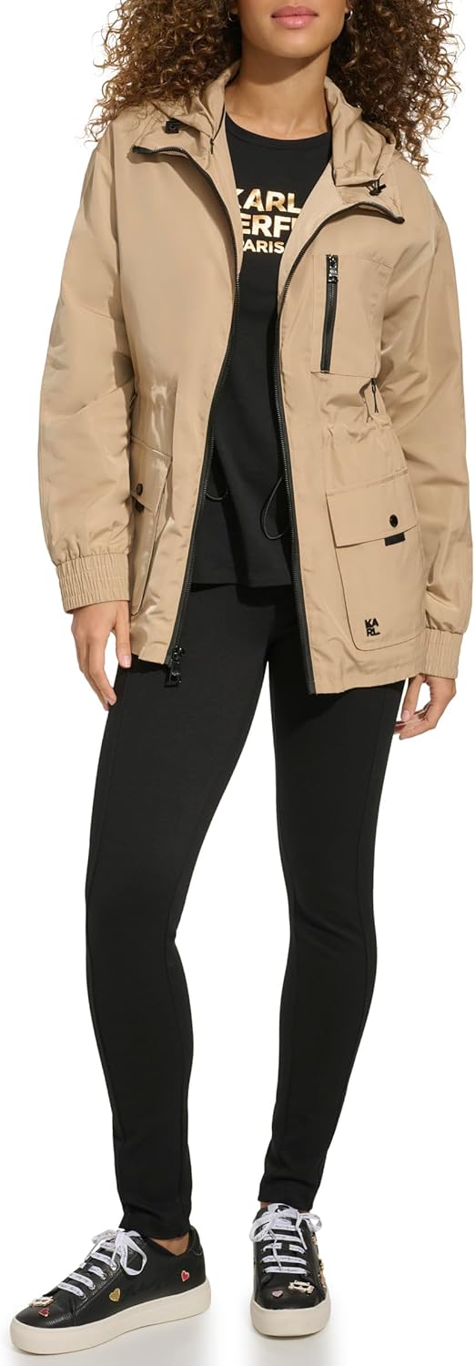 KARL LAGERFELD Women's Soft Windbreaker Rain Wear Durable 3 Pocket Anorak