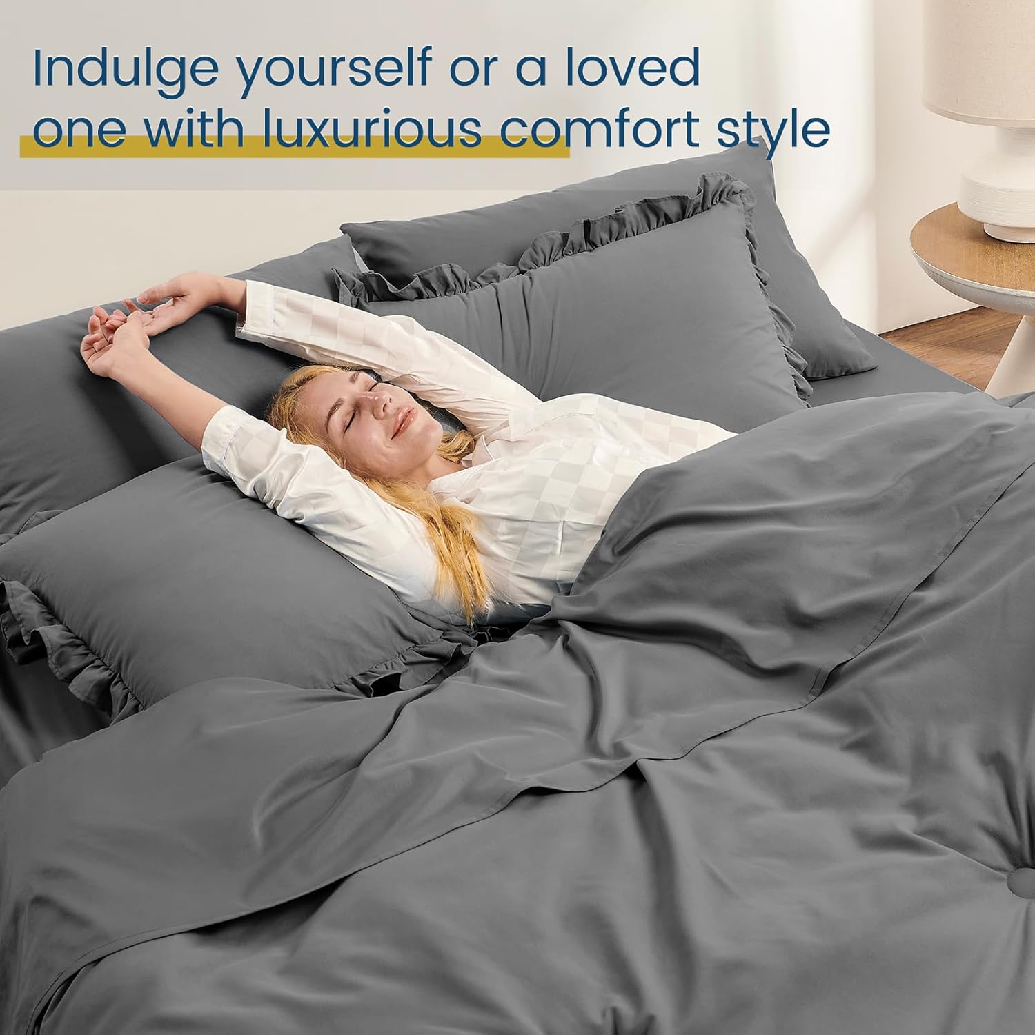 QUIETSEA Queen Bed in a Bag 7 Pieces Comforter Set Queen, Ruffle Shabby Chic Bedding Comforter Set Dark Grey Bed Set with Comforter, Pillowcases, Flat Sheet, Fitted Sheet and Pillow Shams